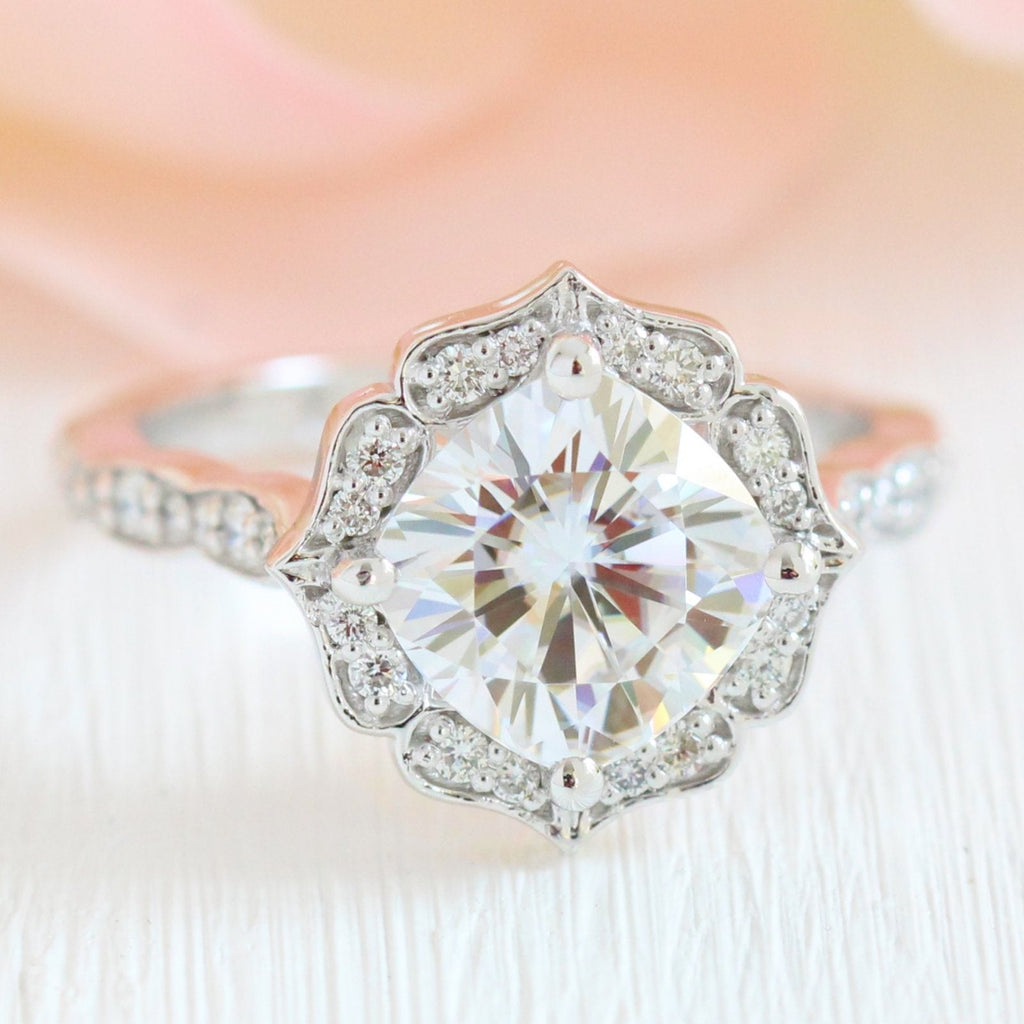 2.30 CT Cushion Moissanite Vintage Halo Engagement Ring