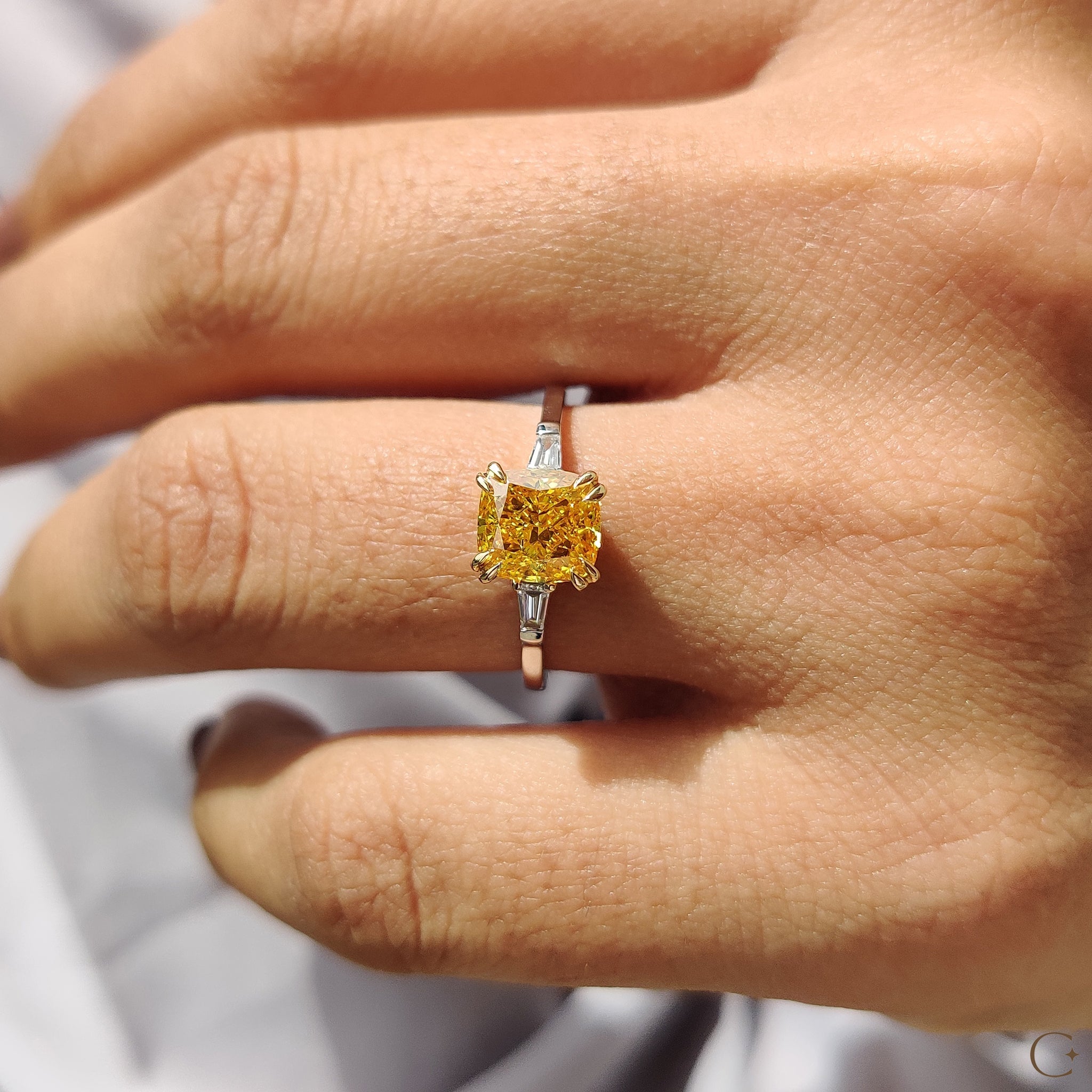 3 Stone Diamond Engagement Ring With Cushion & Baguette