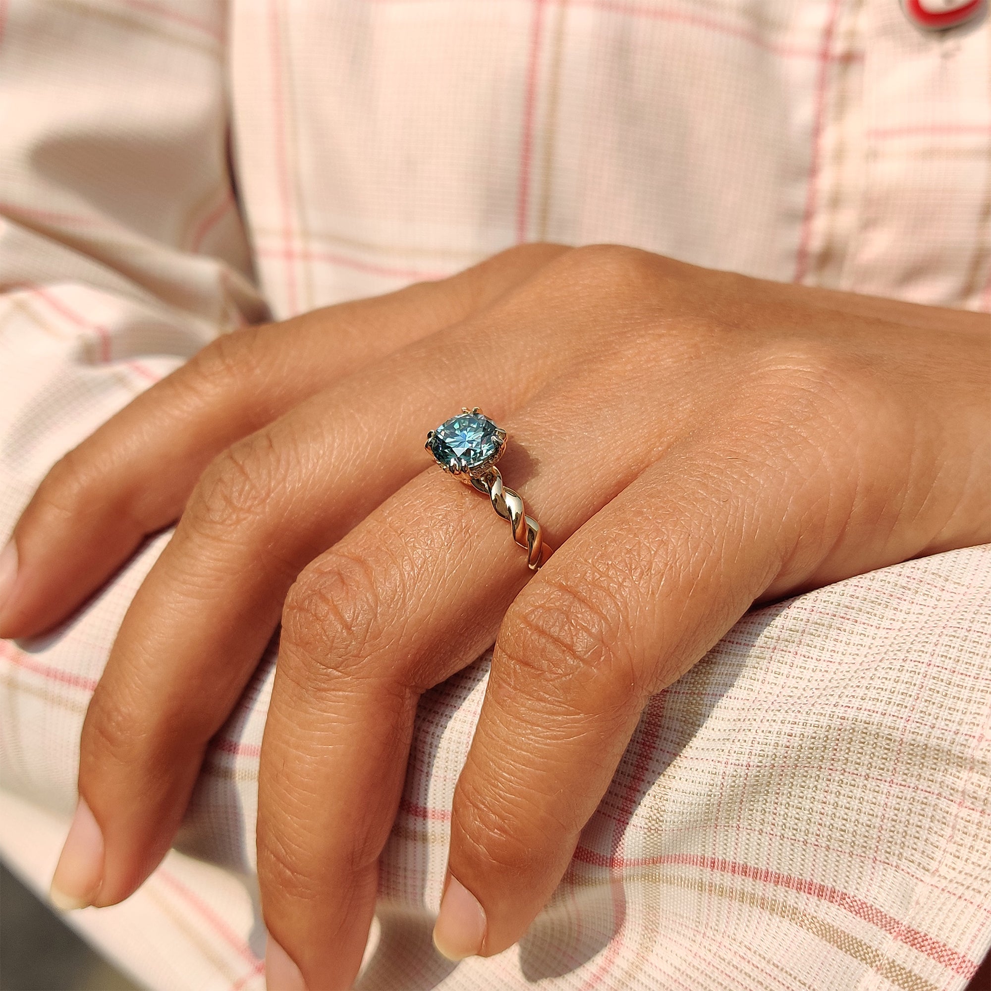 Cyan Blue Round Cut Hidden Halo Ring With Twisted Rope Band