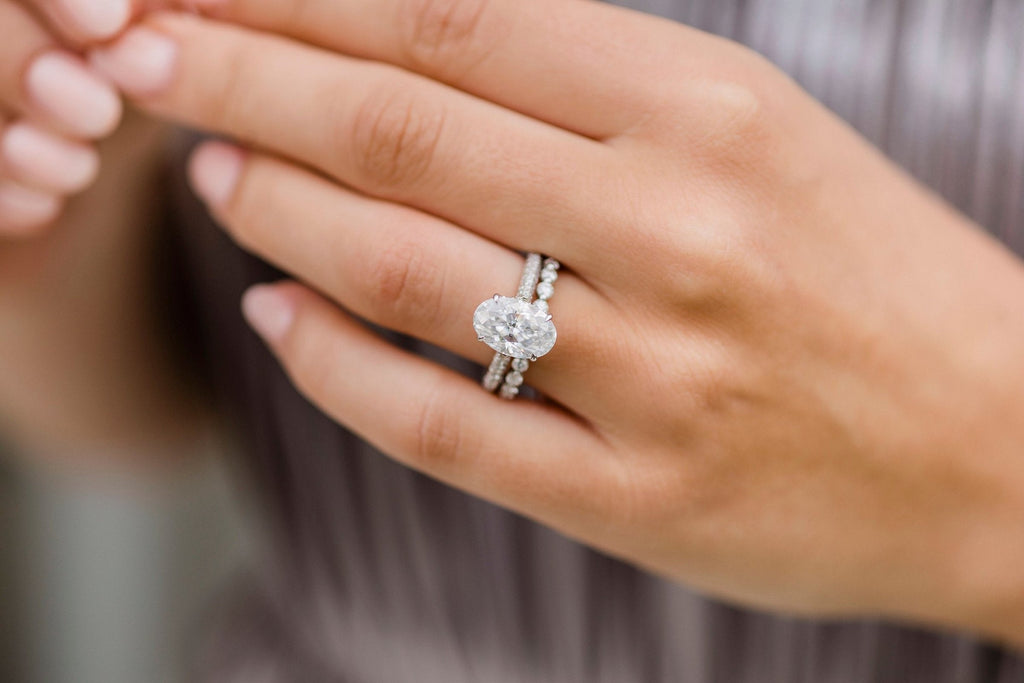 3.40 CT Elongated Oval Moissanite Hidden Halo & Pave Setting Engagement Ring