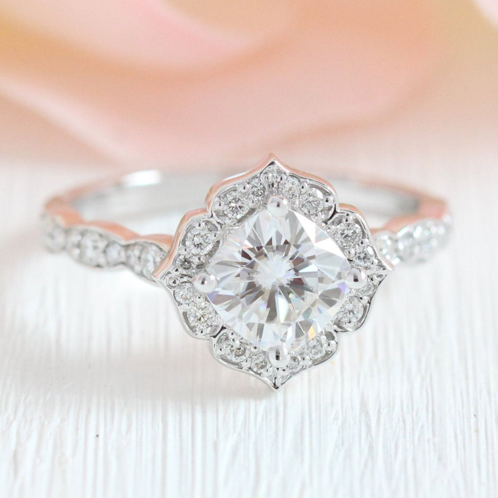 1.0 CT Cushion Cut Vintage Halo Style Moissanite Engagement Ring
