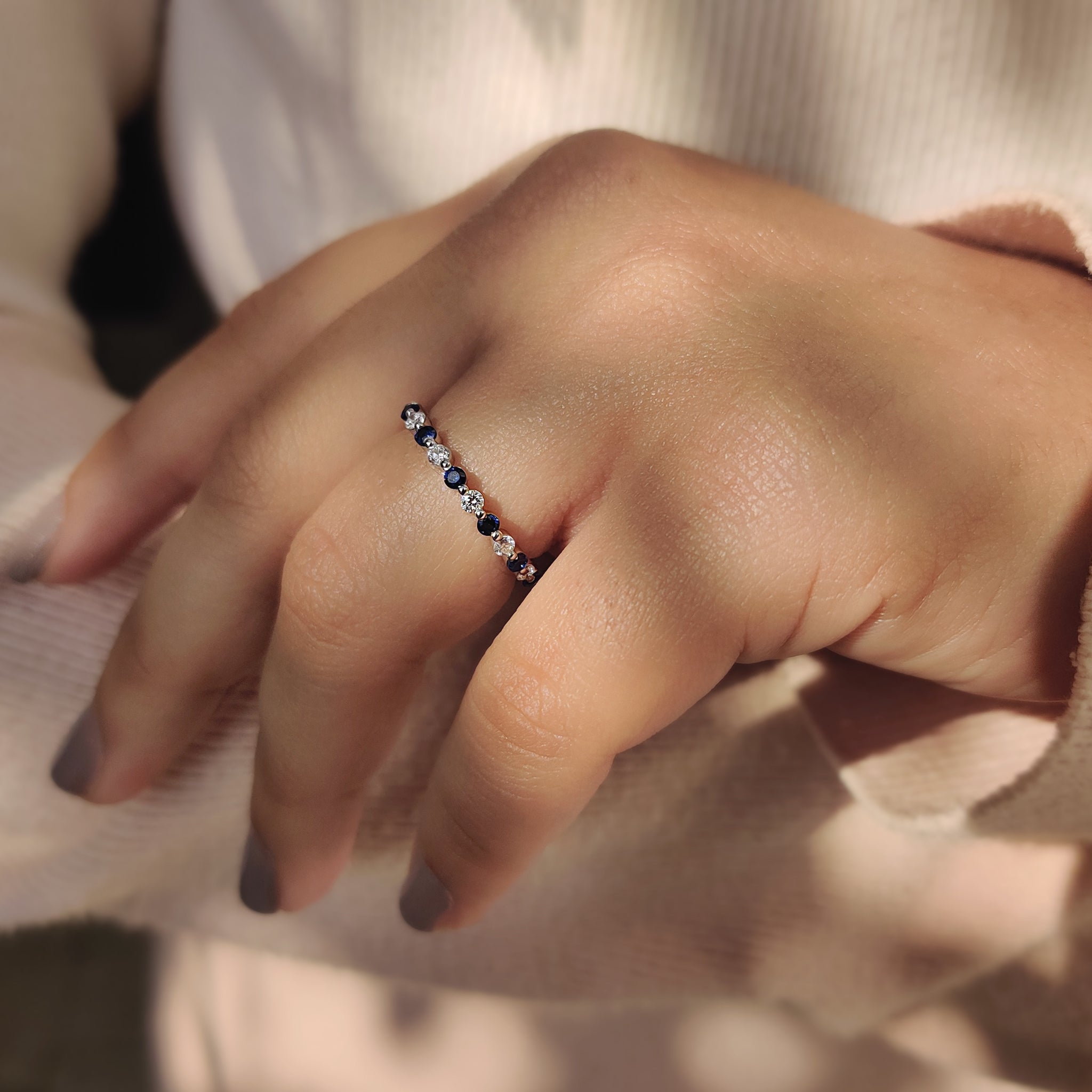 Round Cut Blue Diamond and Blue Sapphire Eternity Band