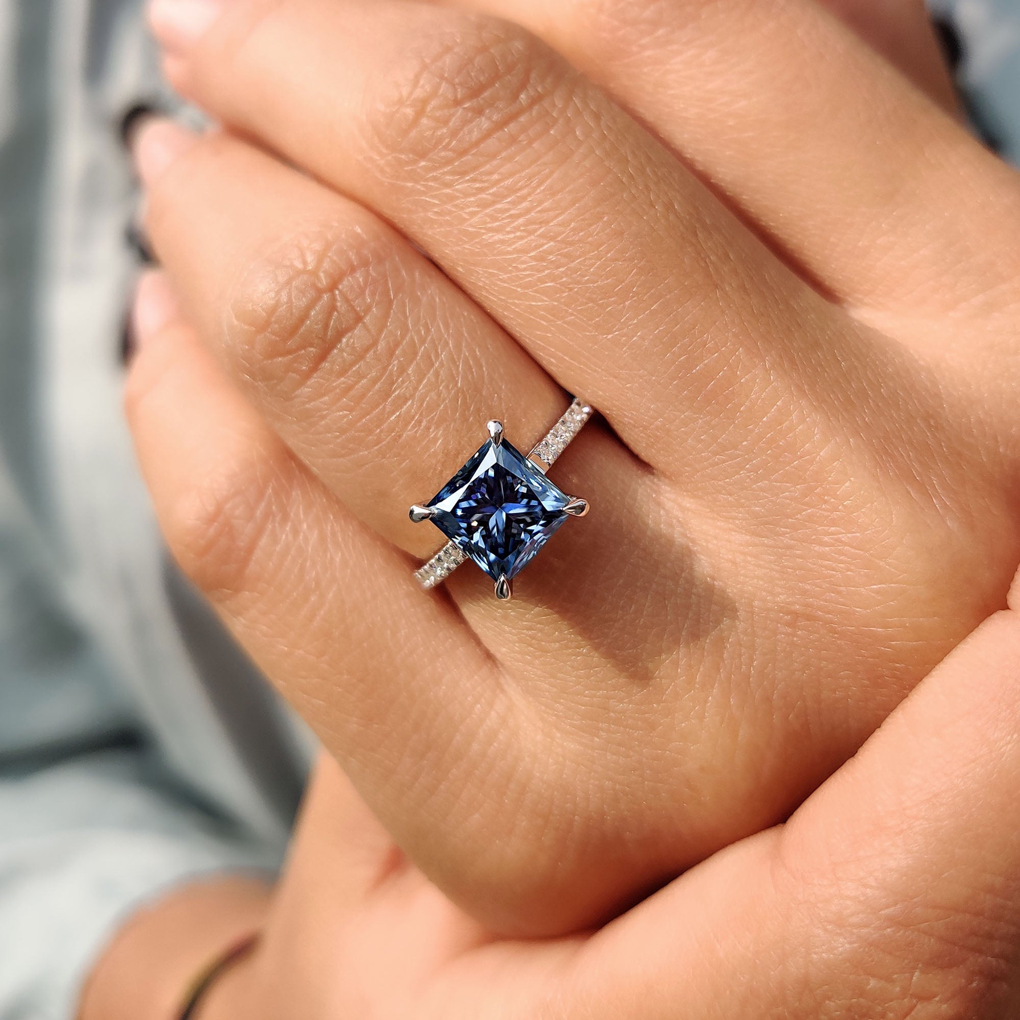 Royal Dark Blue Princess Cut Engagement Ring