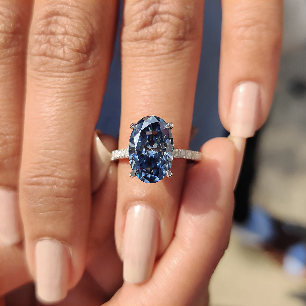 Royal Dark Blue Oval Hidden Halo Engagement Ring