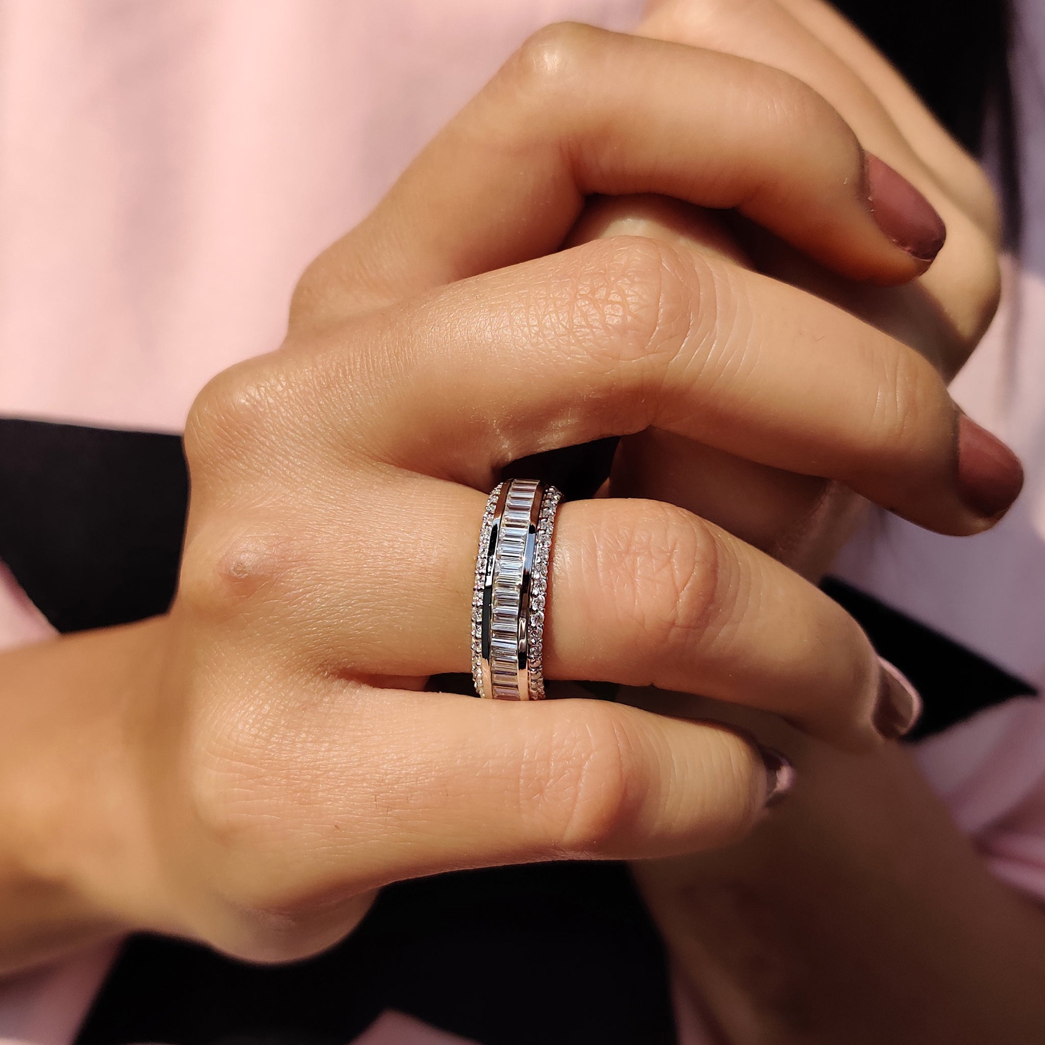 Baguette And Round Cut Wedding Band With Three Row Pave