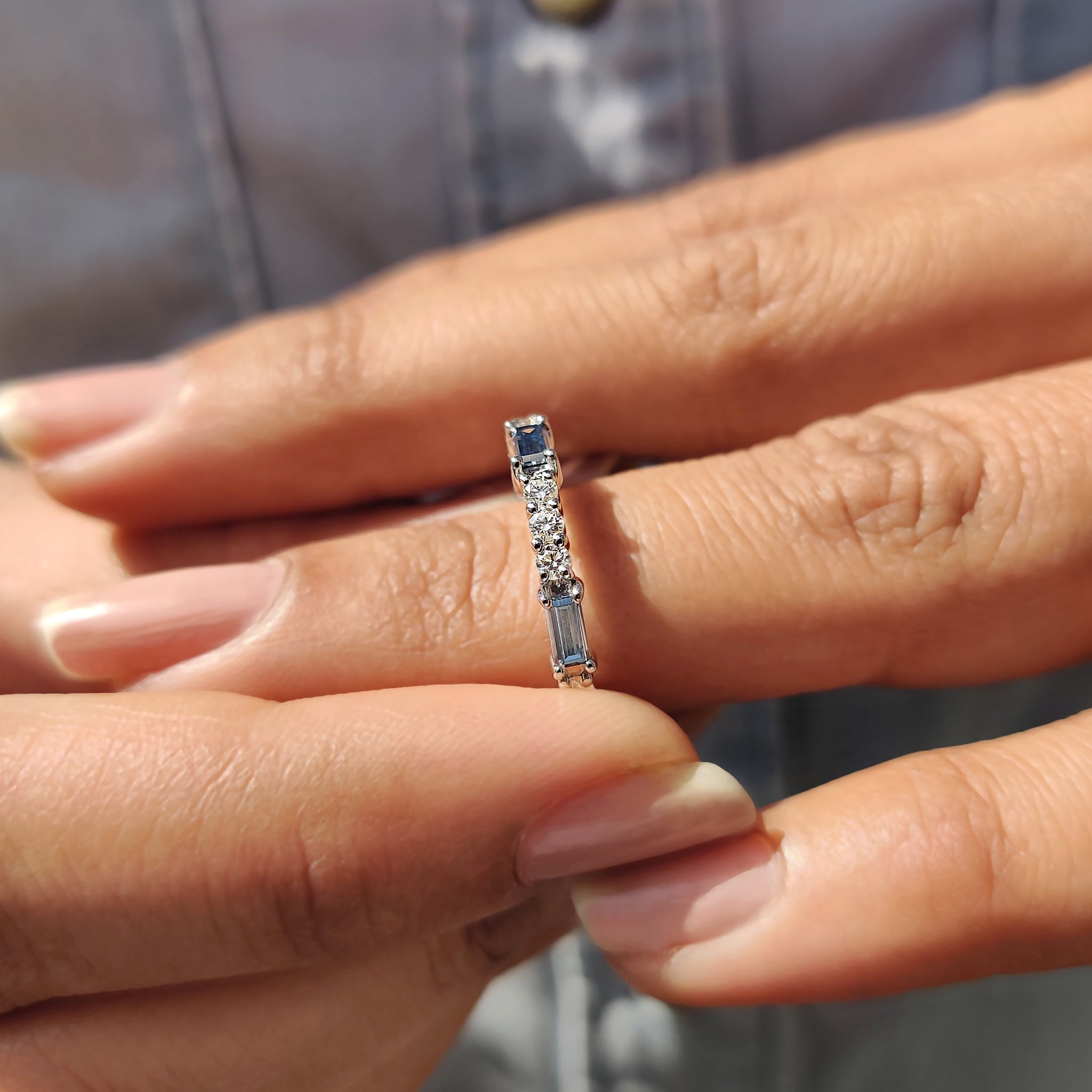Baguette Cut Eternity Band With Blue Moissanite