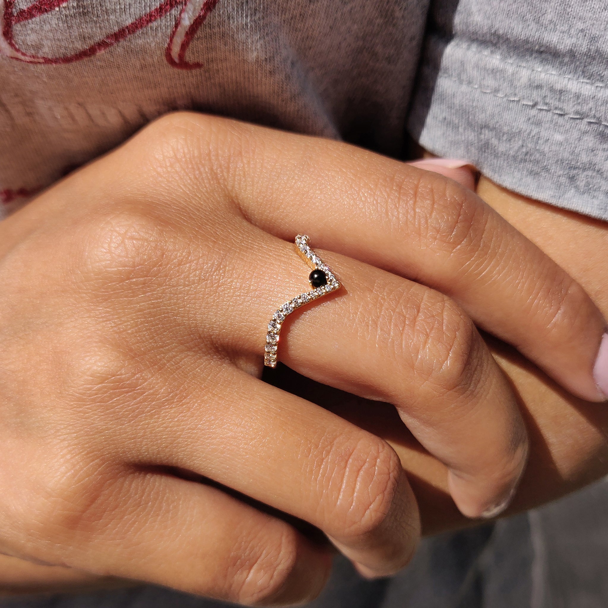 V Shaped Wedding Band With Black Stone Secondary image