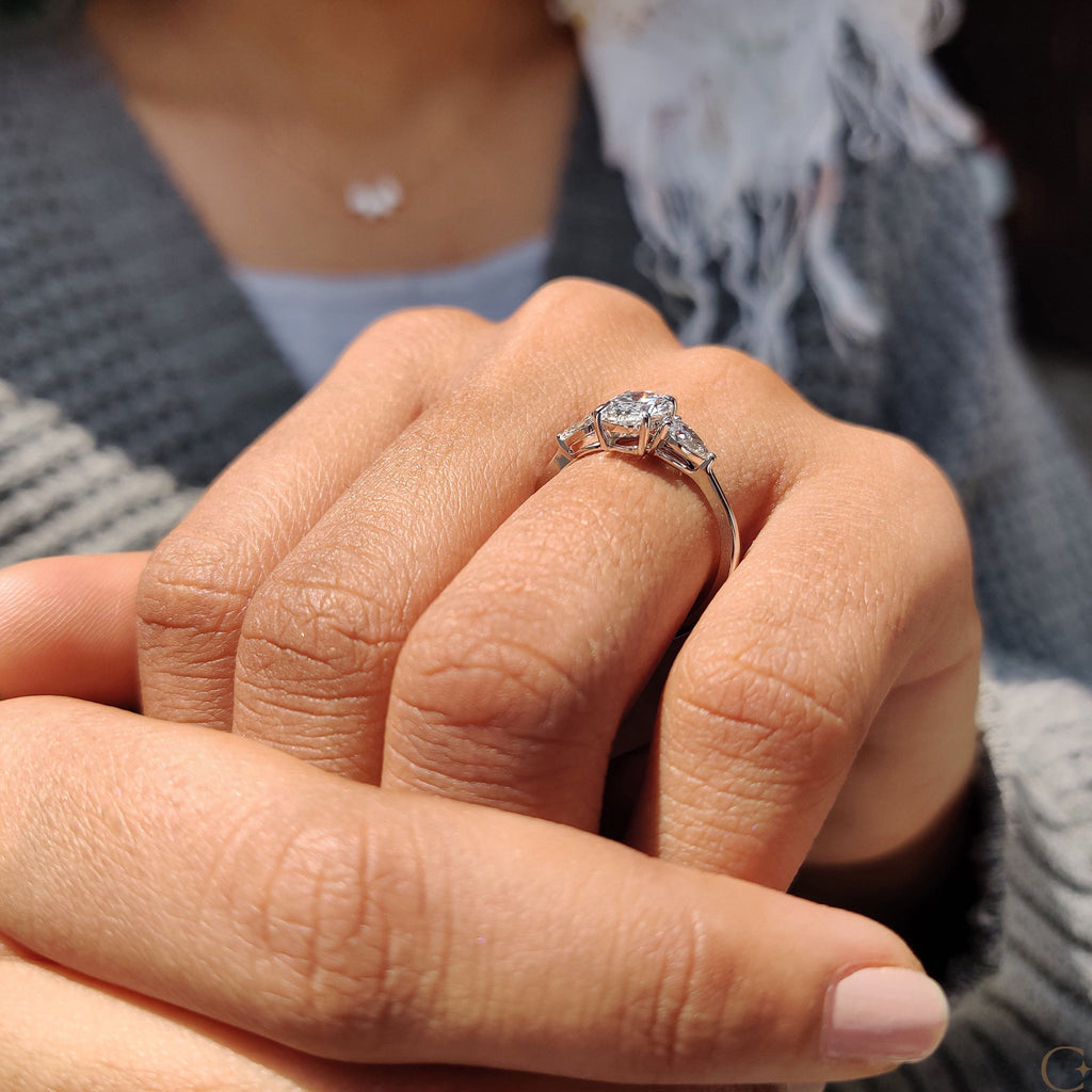 3 Stone Engagement Ring With Oval and Pear Cut Diamond