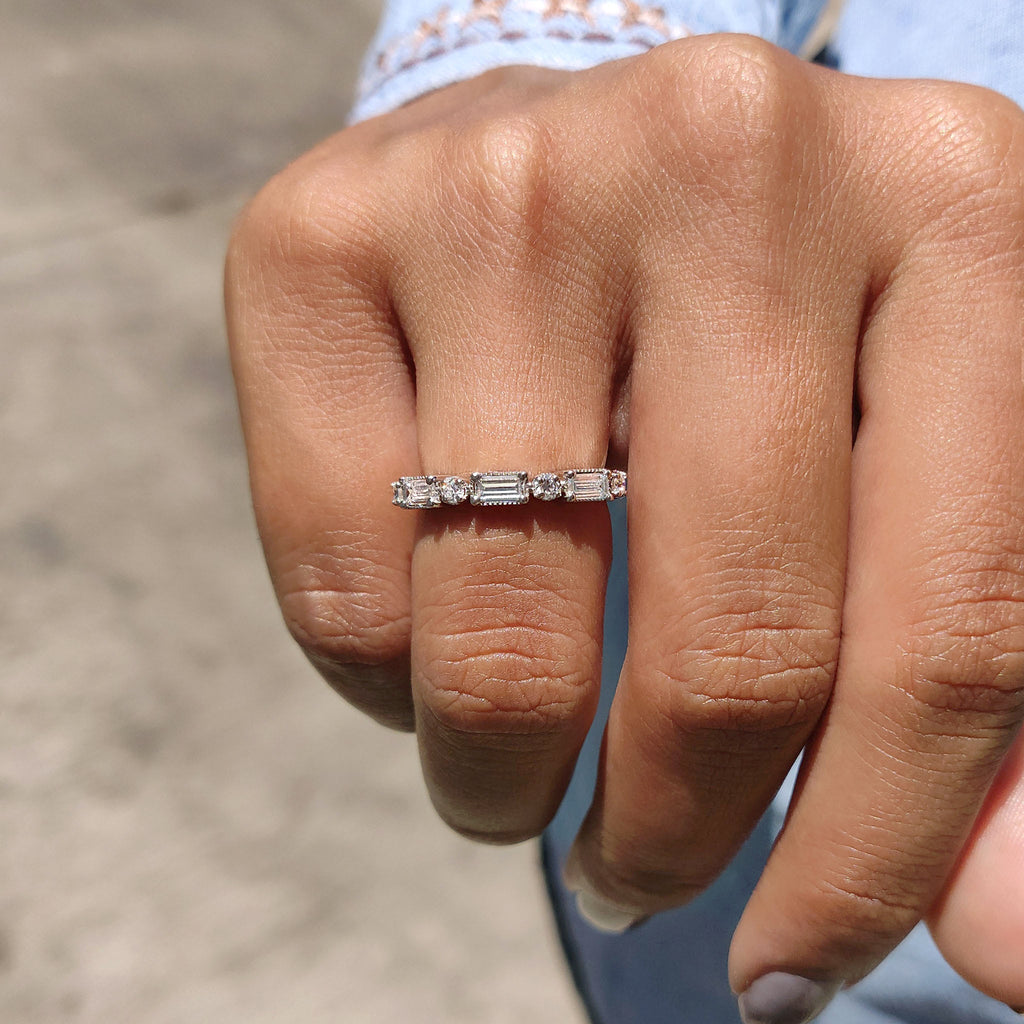 Baguette And Round Cut Wedding Ring Featuring Milgrain Setting