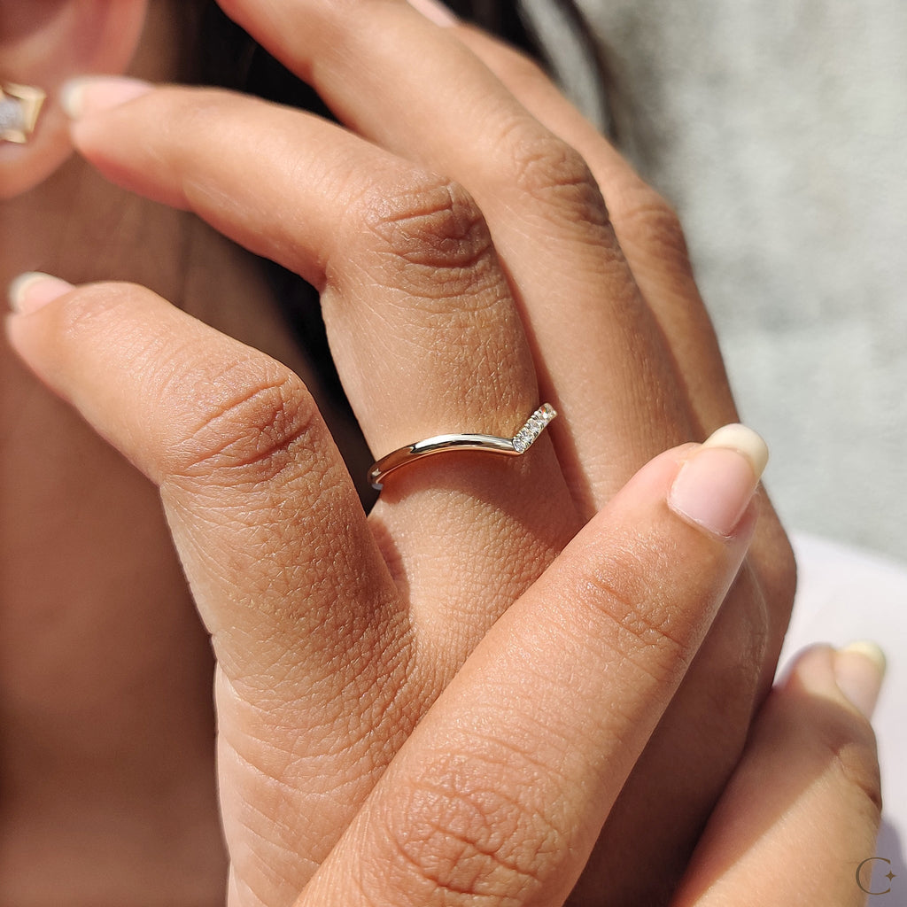 V Shaped Wedding Band with Classic Round Diamond