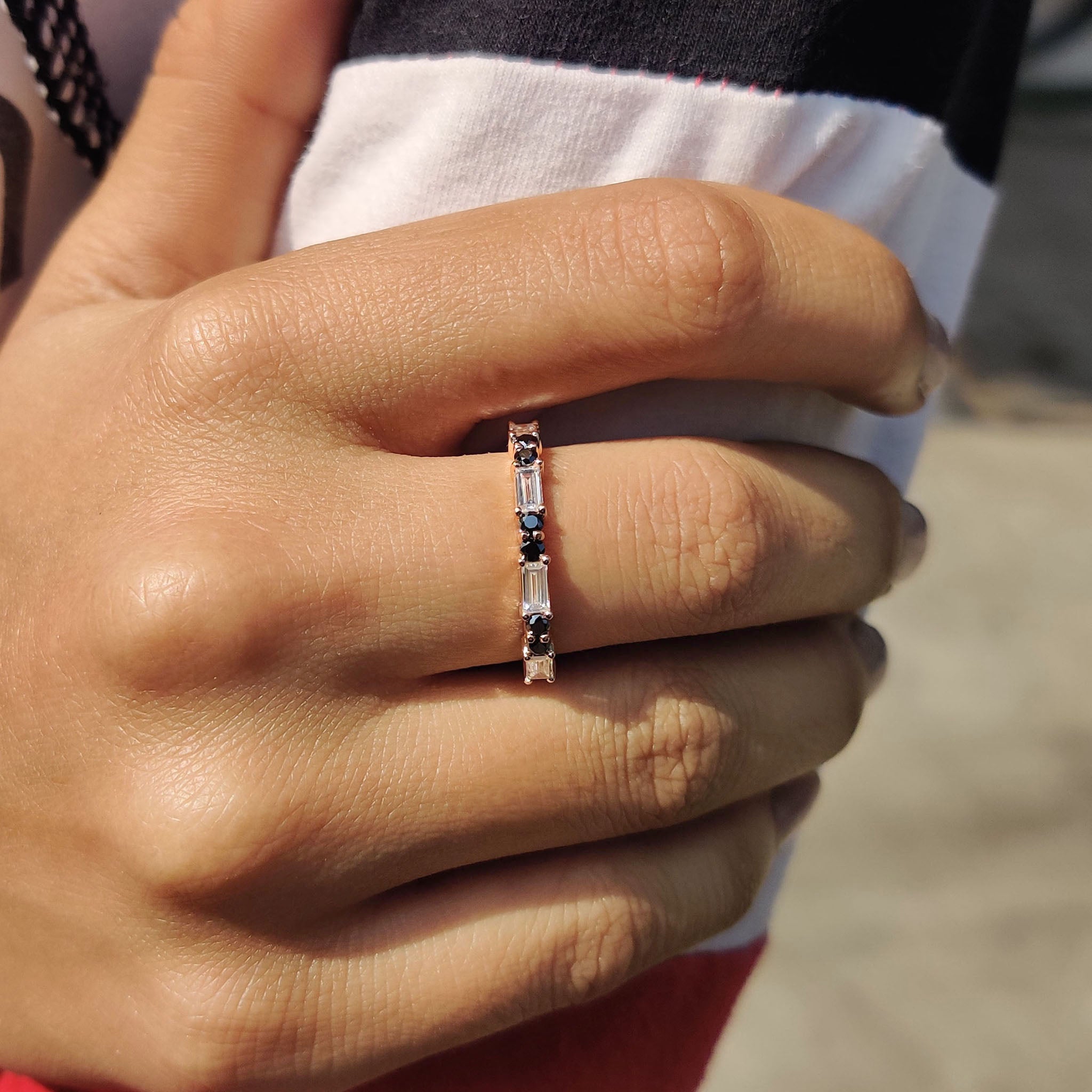 Baguette And Round Wedding Band With Black Moissanite