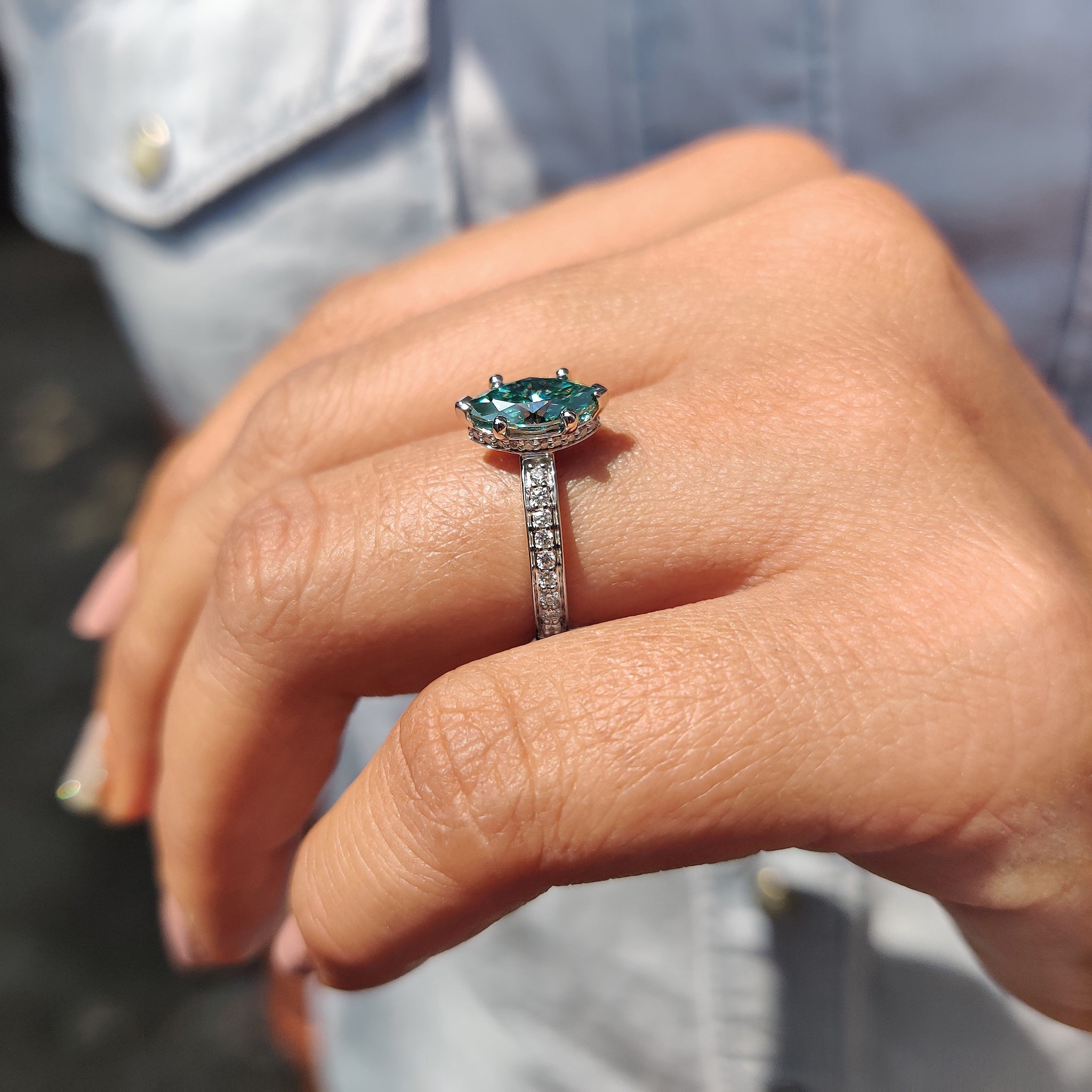 Cyan Blue Marquise Moissanite Ring With Pave Band