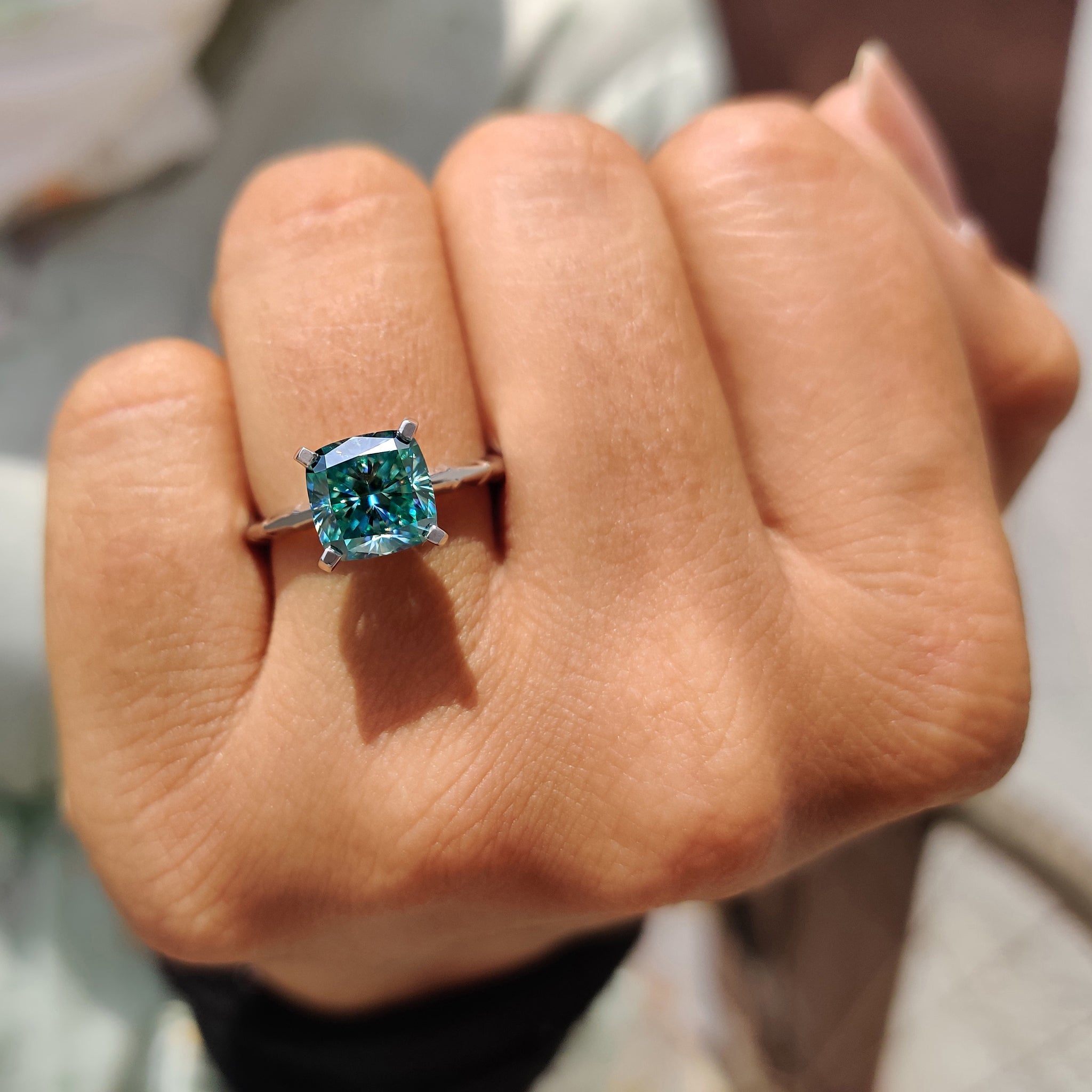 Cyan Blue Cushion Cut Gold Solitaire Engagement Ring Secondary image