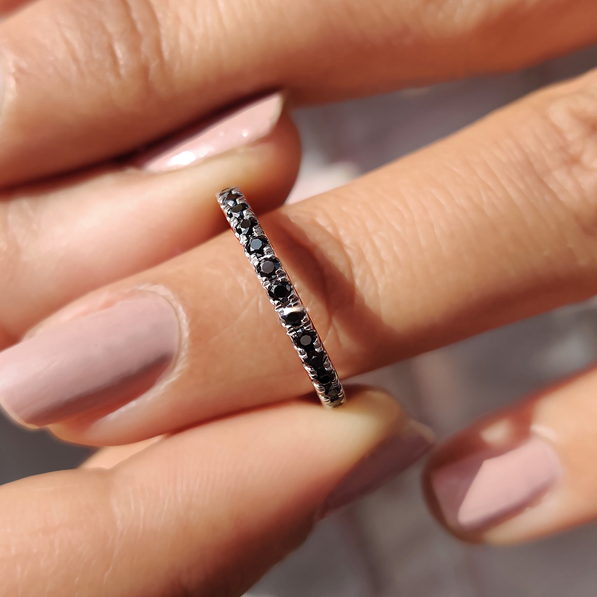 Round Cut Half Eternity Black Stone Wedding Band