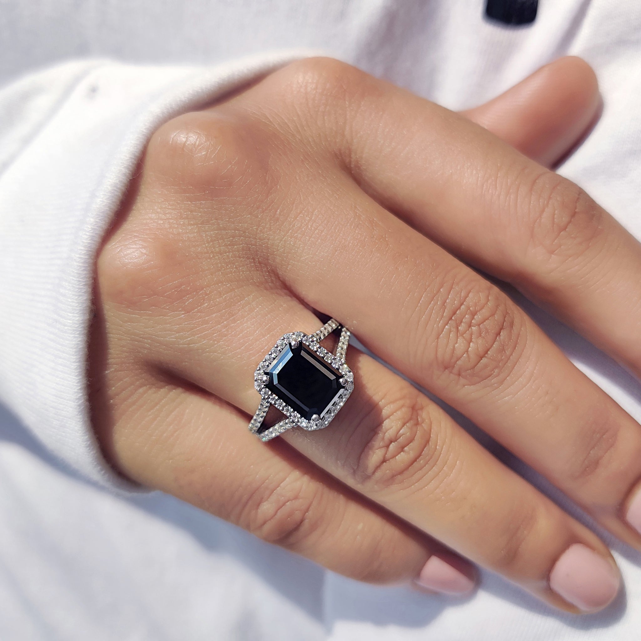 Halo Setting Black Gold Emerald Ring