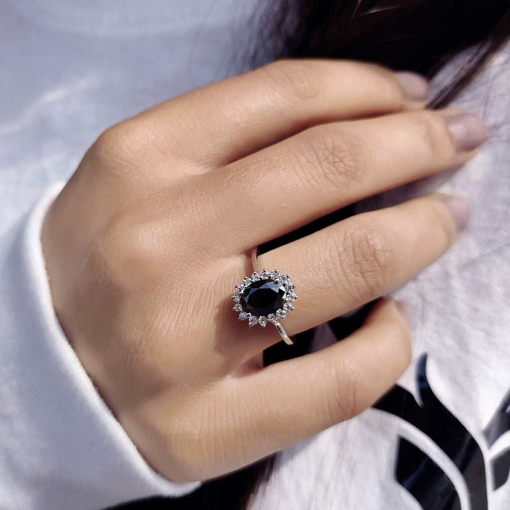 Tapered Shank Black Oval Engagement Ring