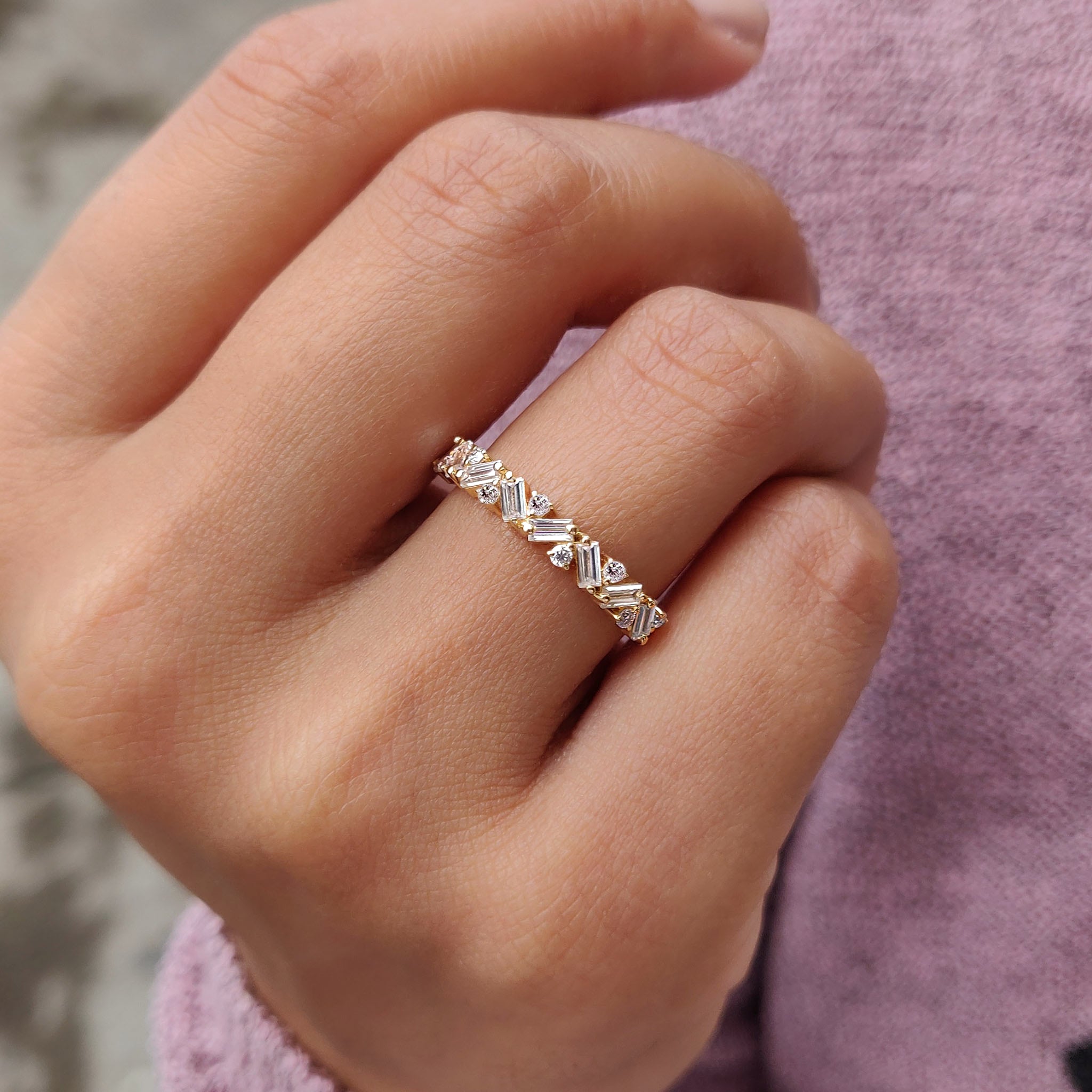 Baguette And Round Wedding Band In Zig Zag Style