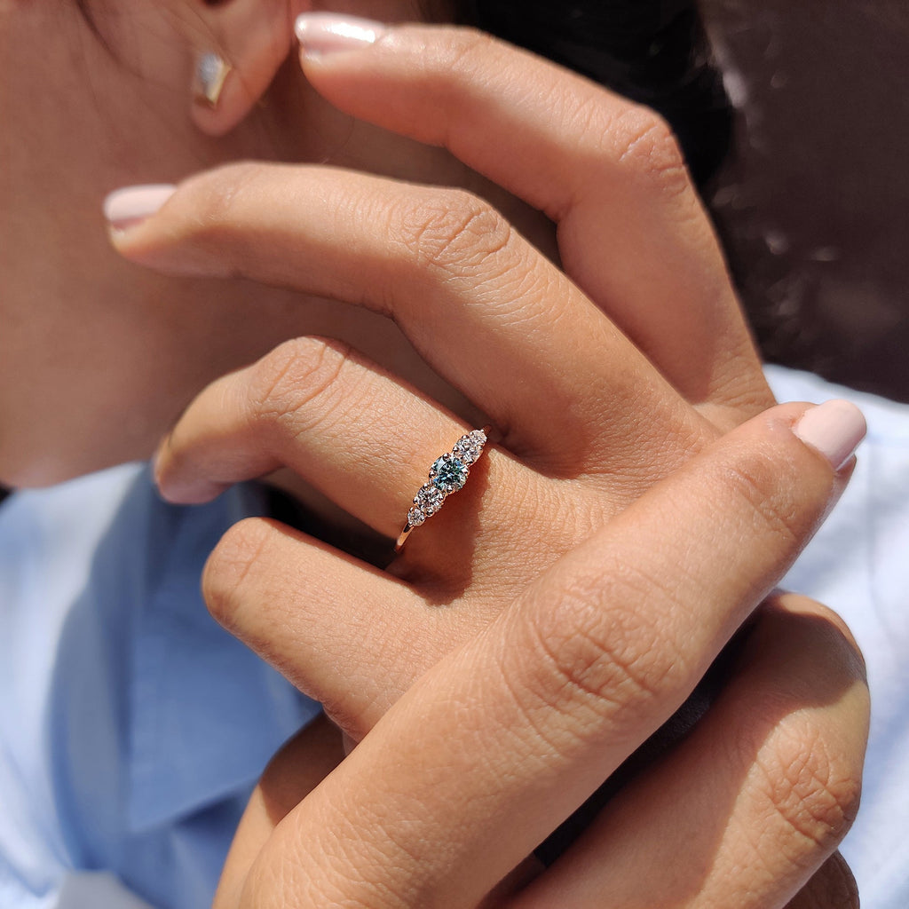 Cyan Blue Round Cut 5 Stone Engagement Ring