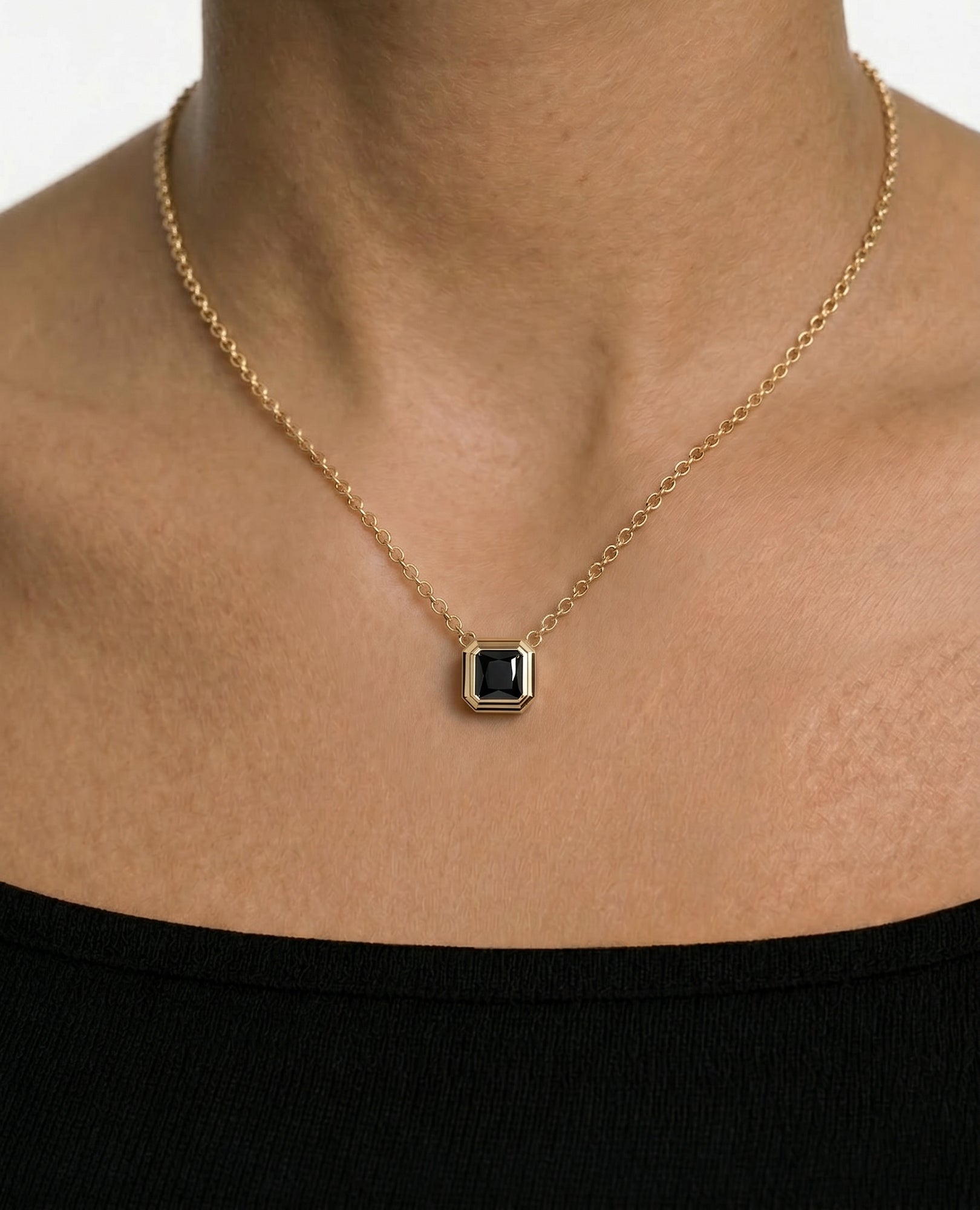 LODE Solitaire Bezel Set Floating Princess Cut Black Diamond Pendant Necklace