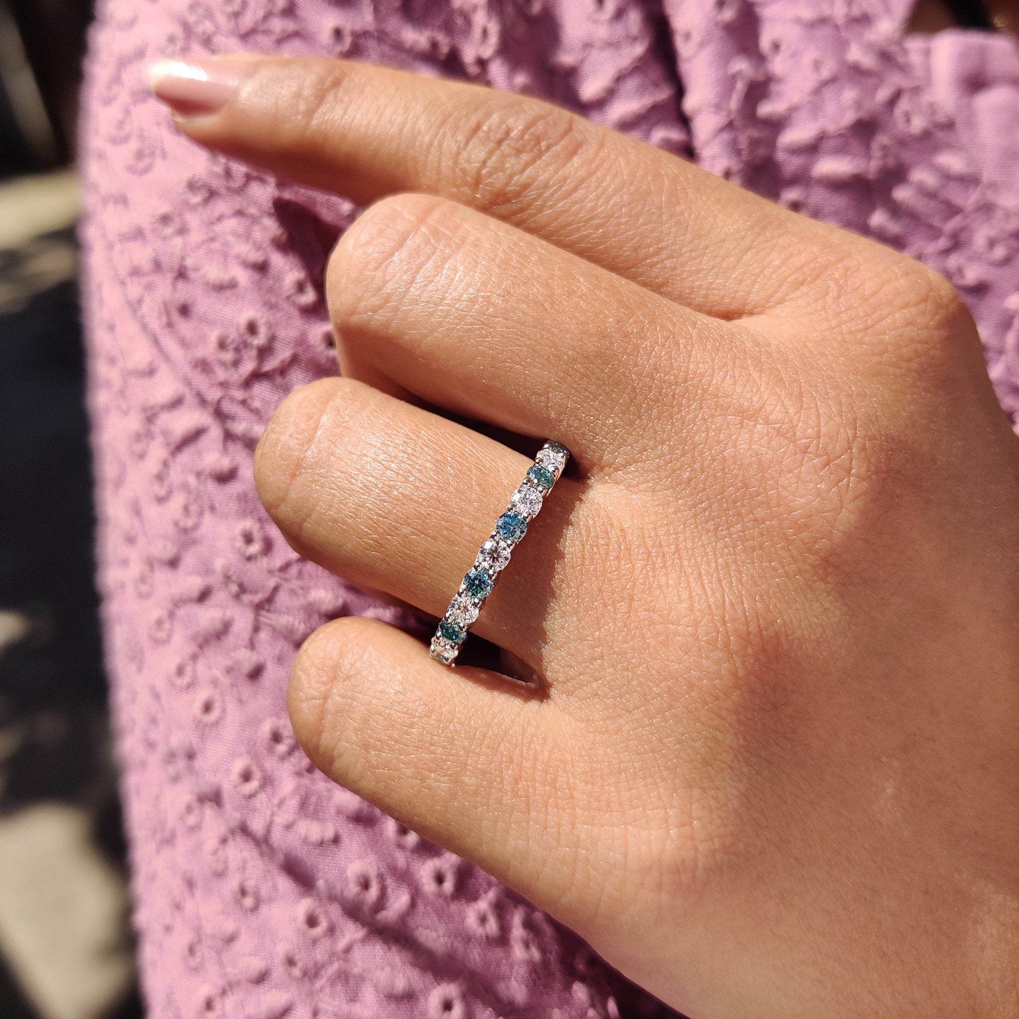 Round Cut Cyan Blue Full Eternity Wedding Band