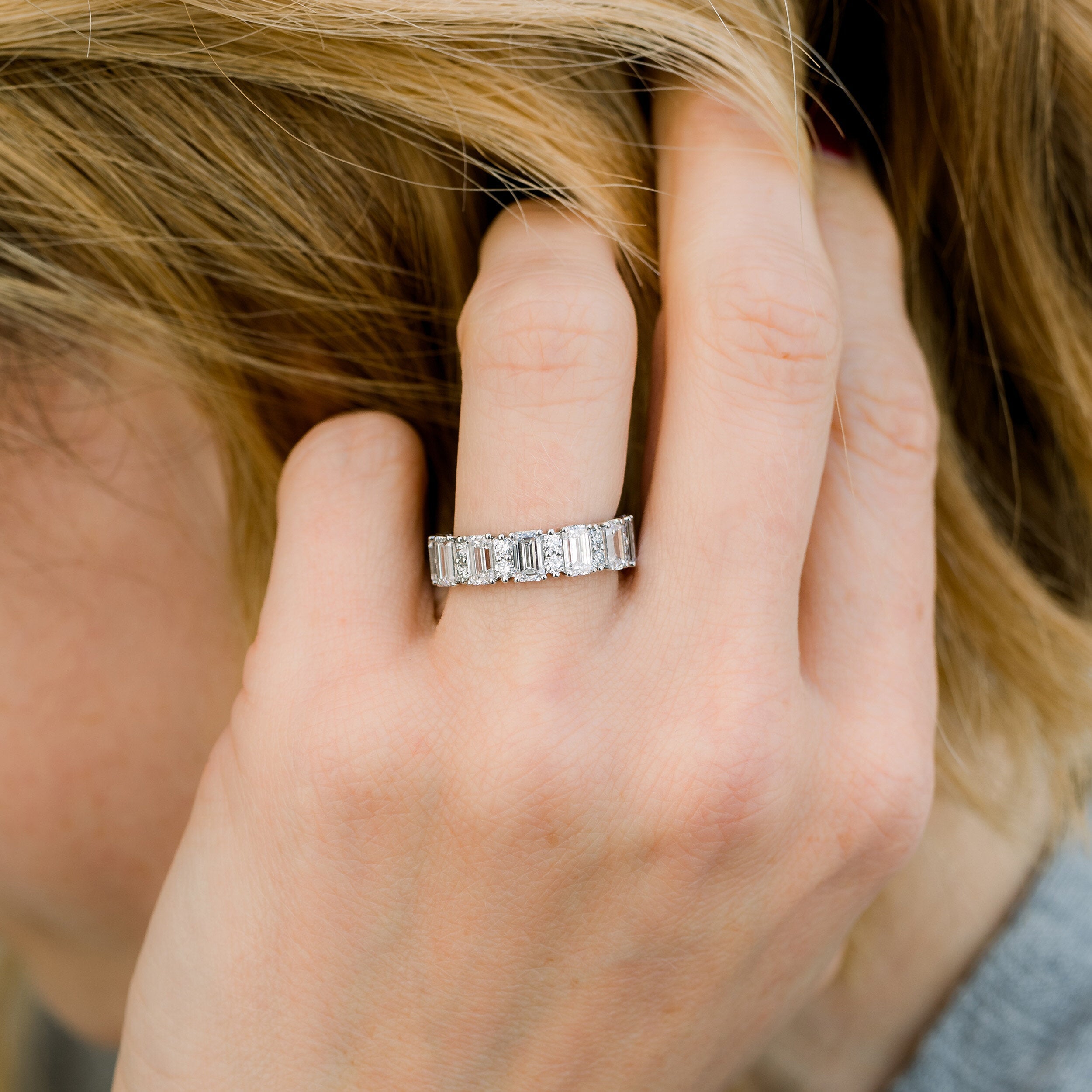 Emerald Cut & Round Moissanite 3/4Eternity Wedding Band Main image