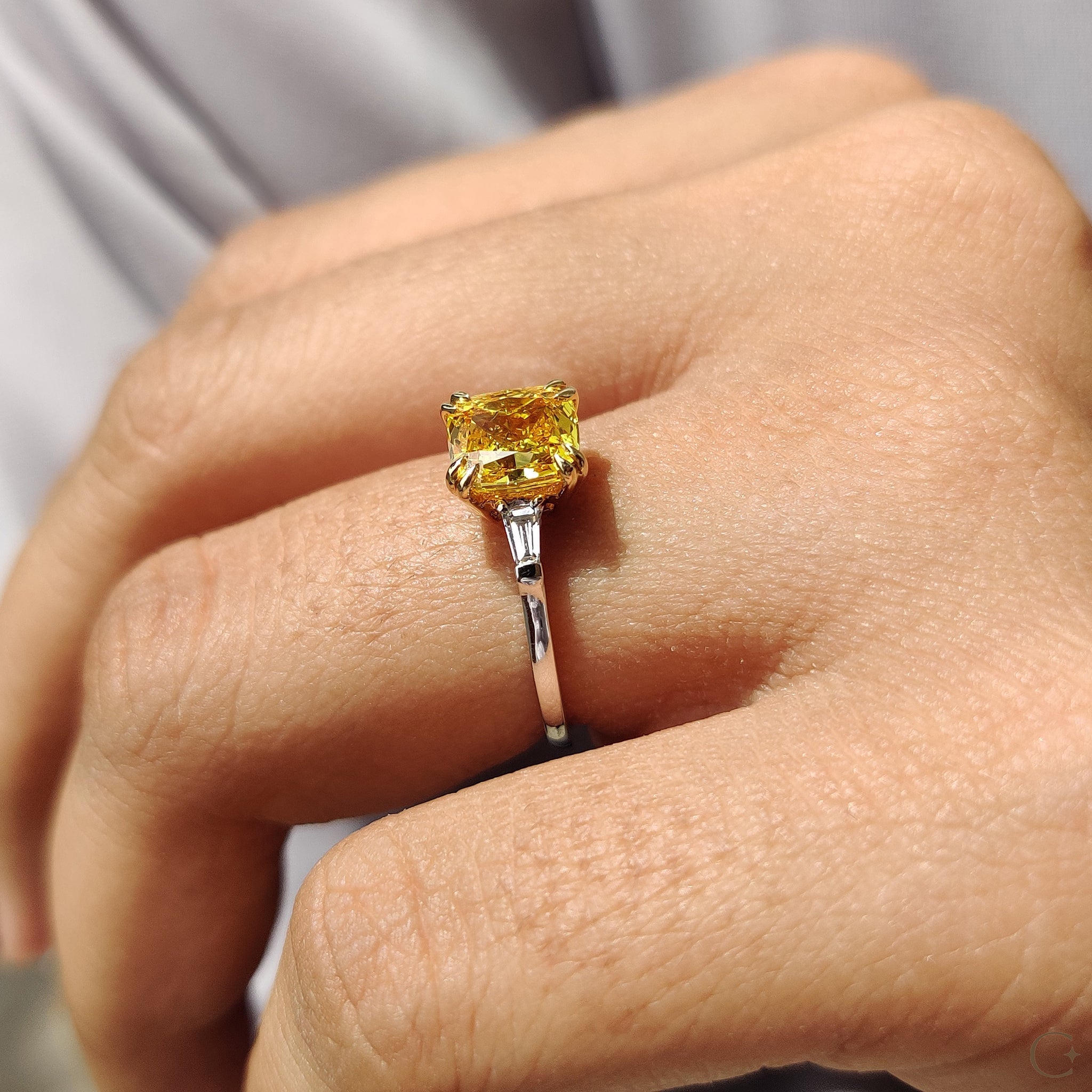 3 Stone Diamond Engagement Ring With Cushion & Baguette