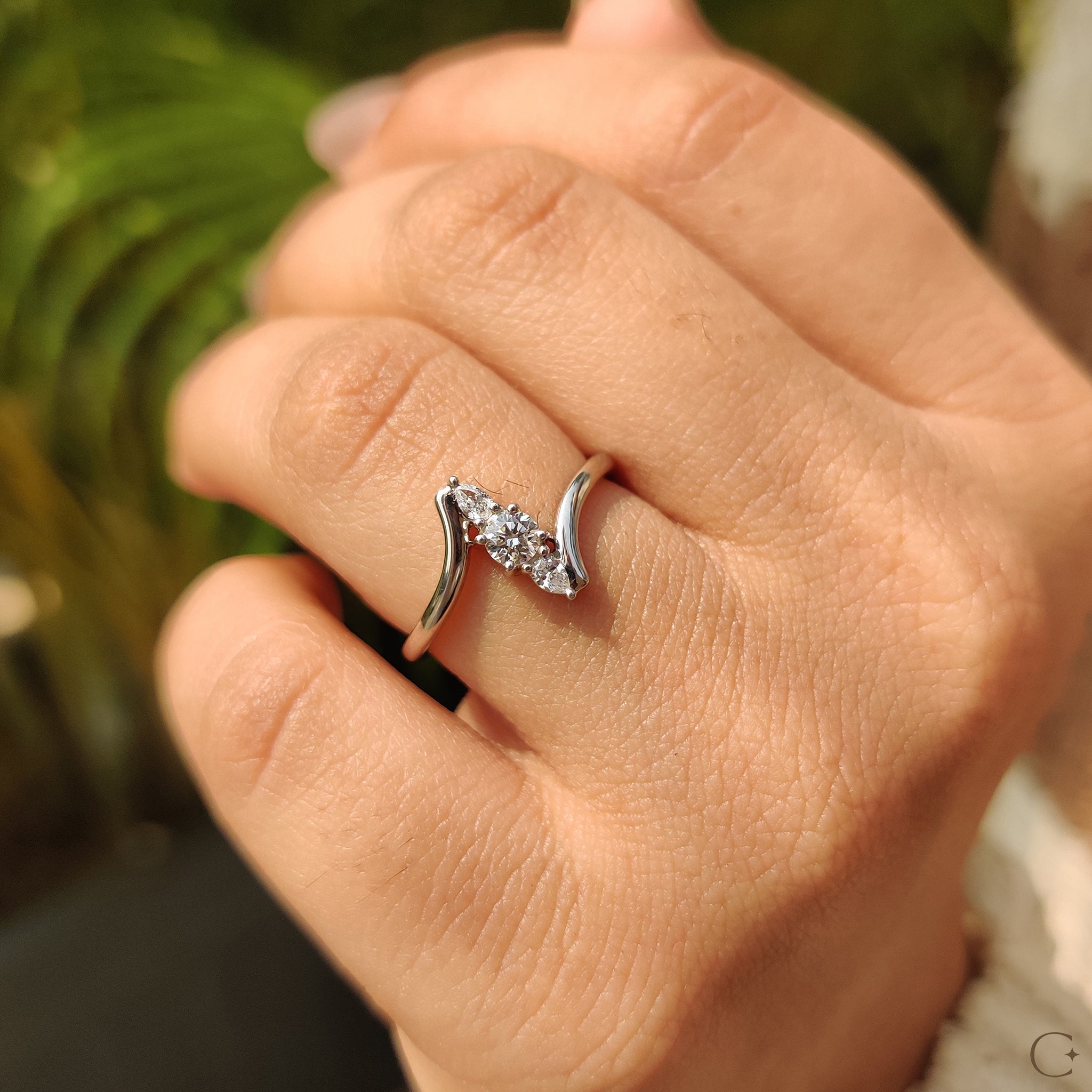 Bypass Engagement Ring With Round And Pear Diamond