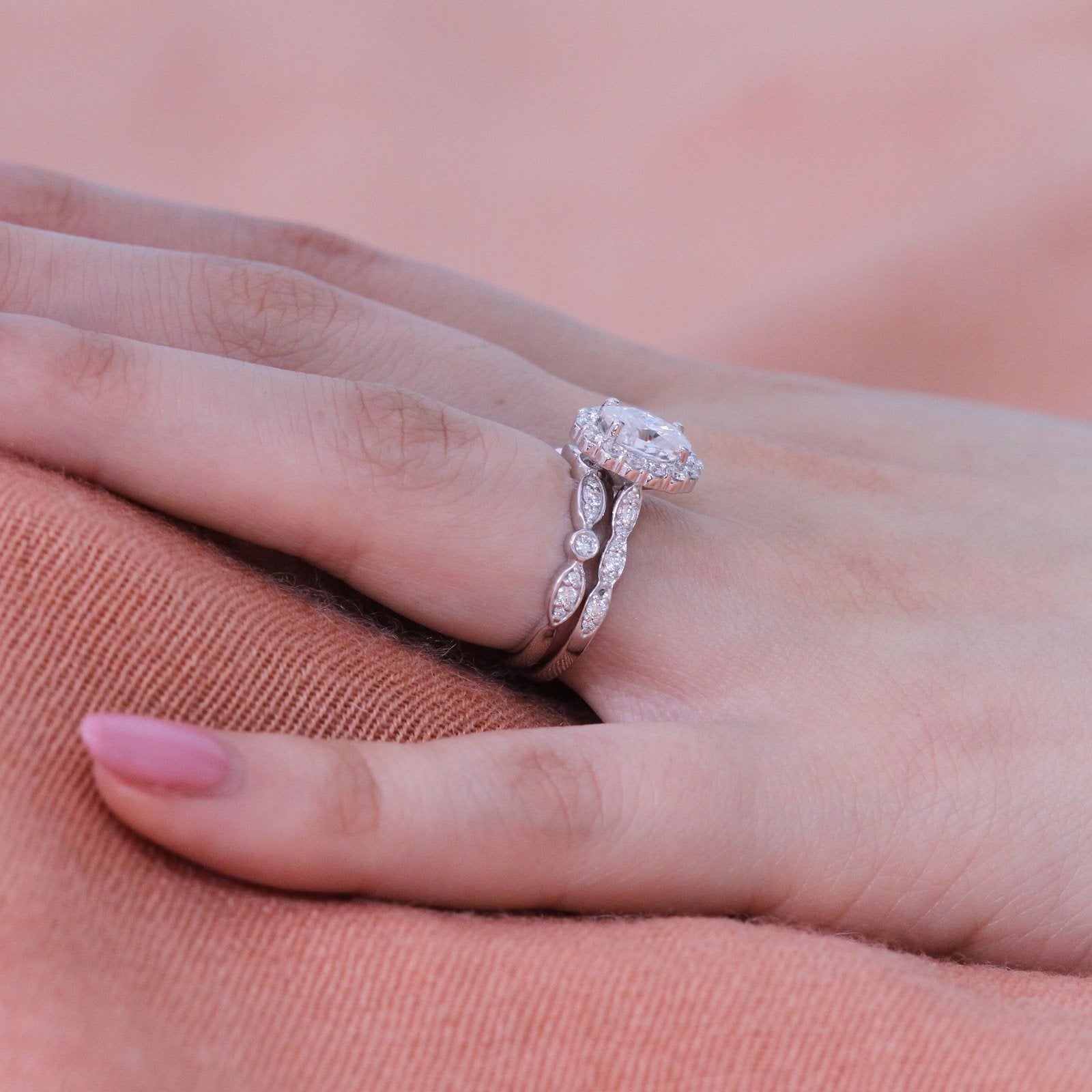 1.50CT Oval Cut Moissanite Halo Bridal Ring Set