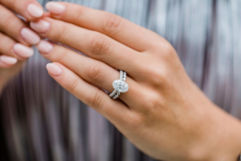 3.40 CT Elongated Oval Moissanite Hidden Halo & Pave Setting Engagement Ring