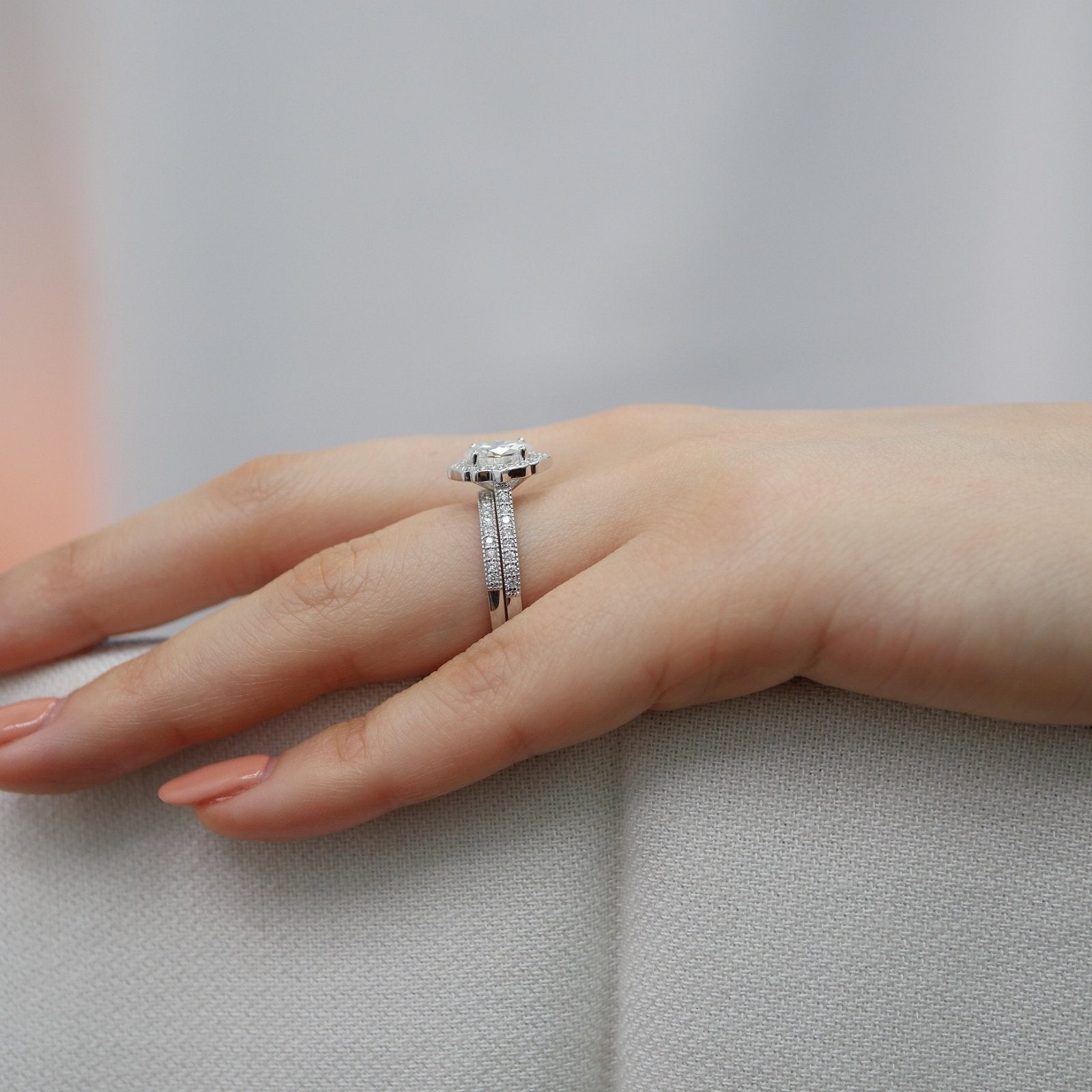 1.50CT Oval Cut Moissanite Halo Bridal Ring Set