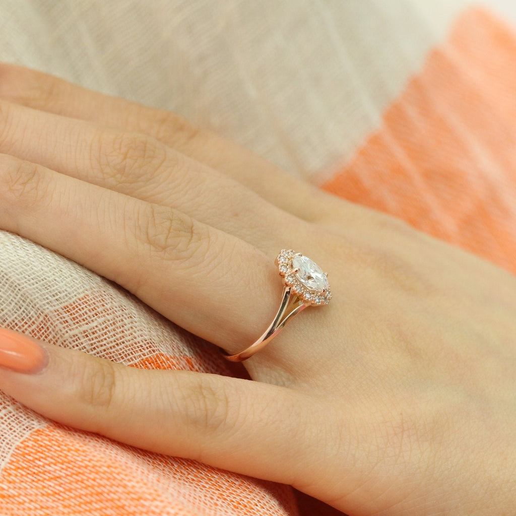 1.50 CT Oval Cut Moissanite Halo Split Shank Style Engagement Ring
