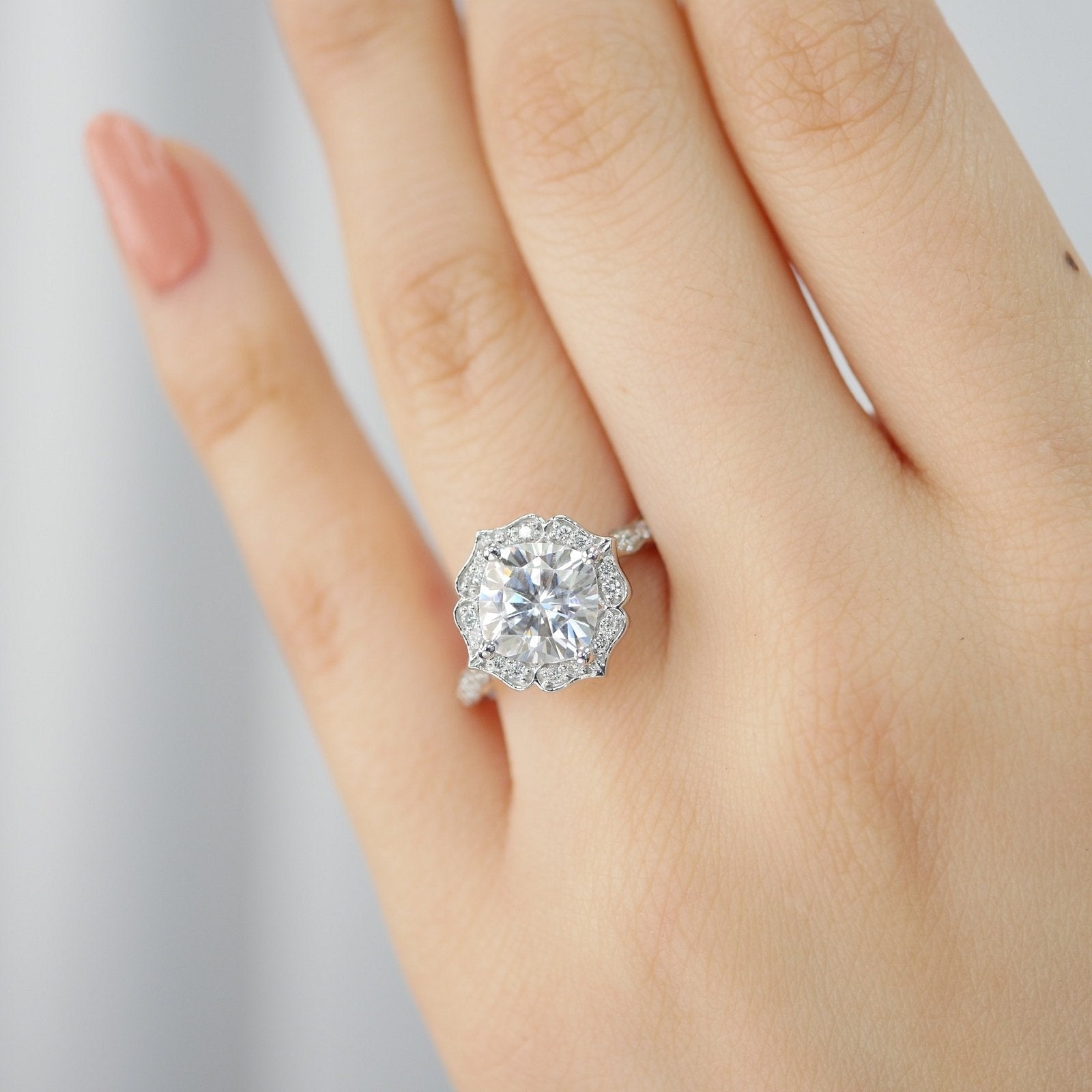 2.30 CT Cushion Moissanite Vintage Halo Engagement Ring
