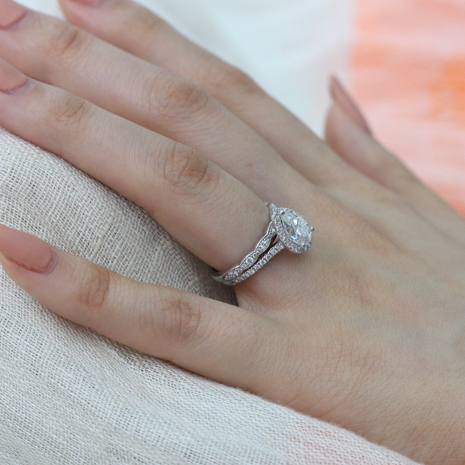 1.50CT Pear Cut Moissanite Halo Bridal Ring Set