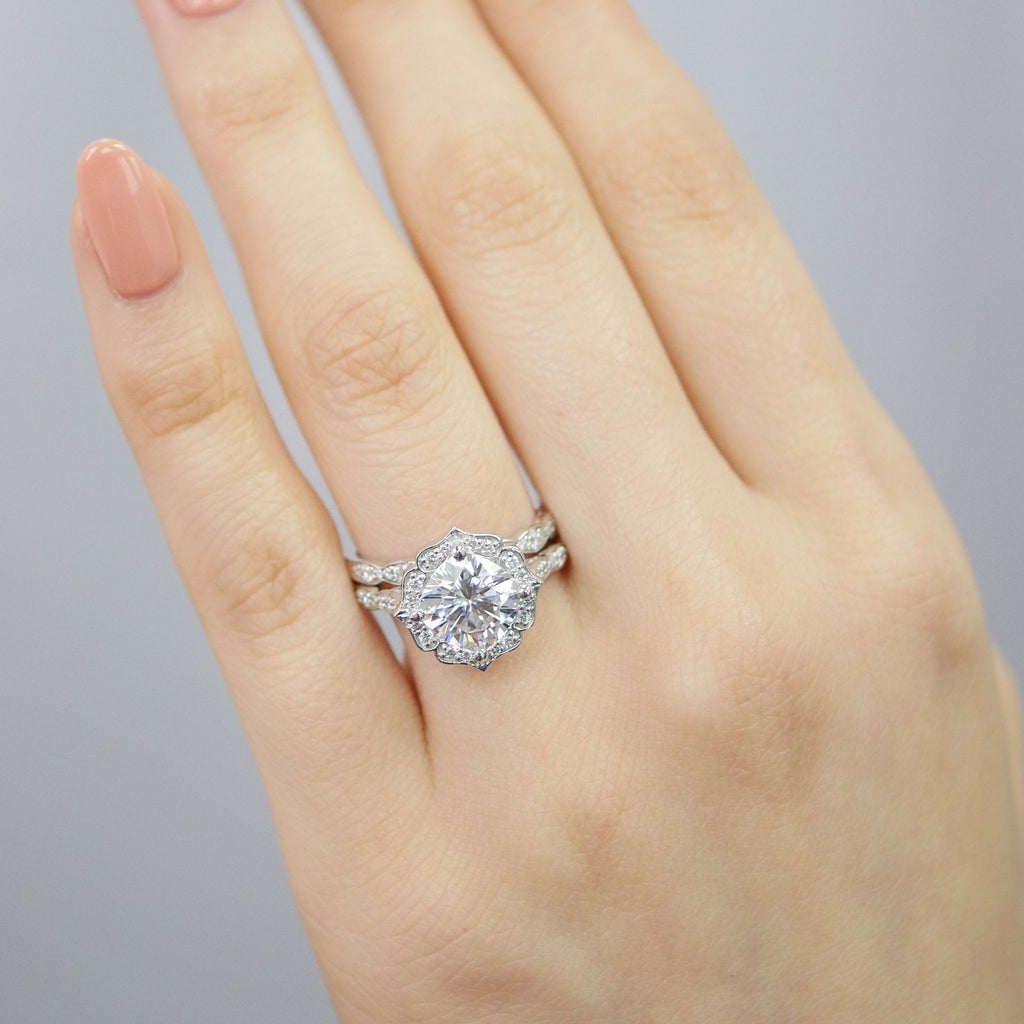 2.30 CT Cushion Moissanite Vintage Halo Bridal Ring Set