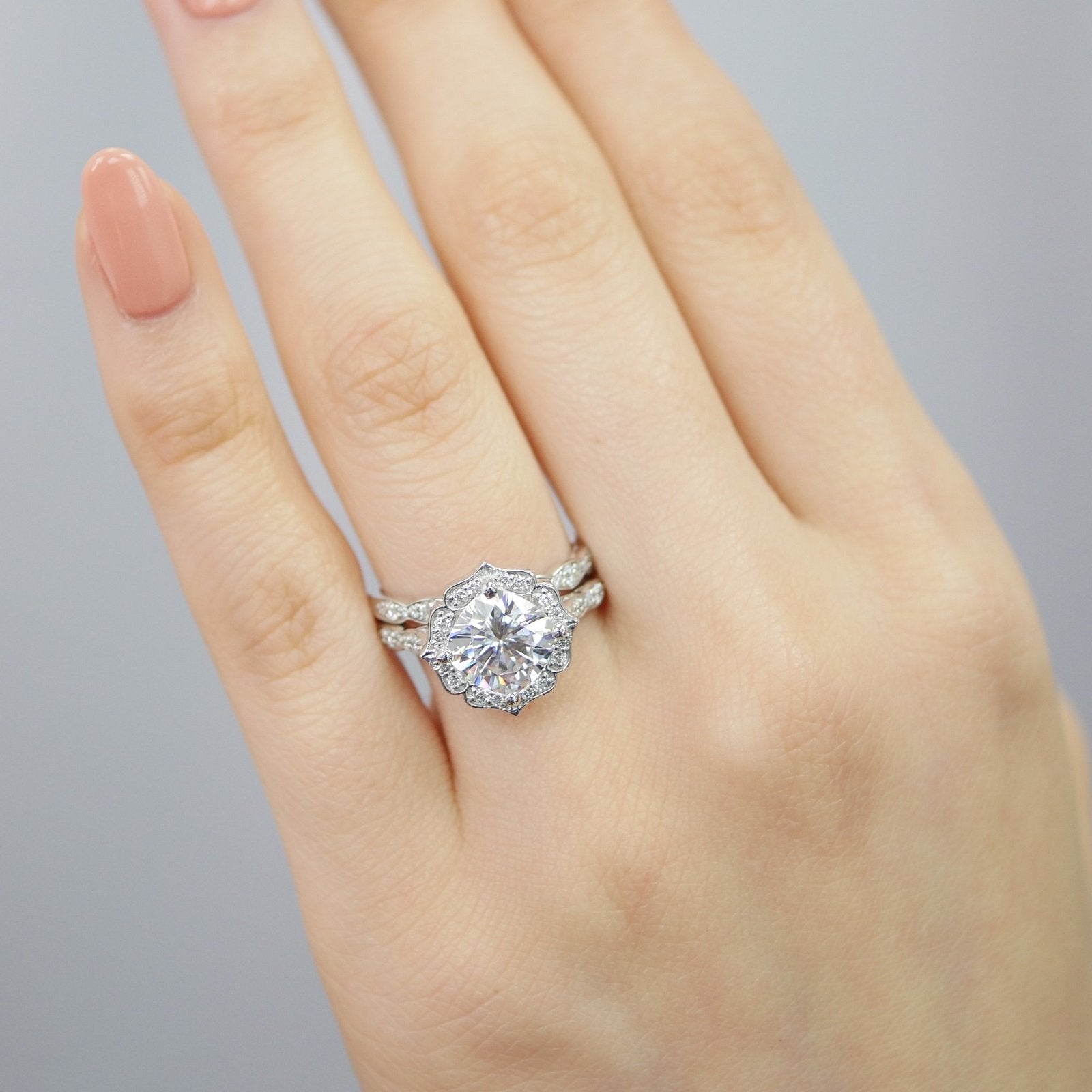 2.30 CT Cushion Moissanite Vintage Halo Bridal Ring Set