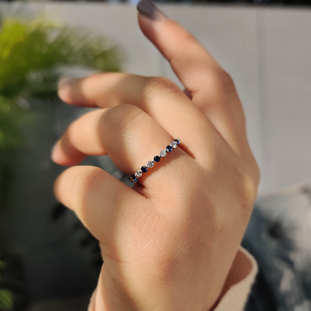 Round Cut Blue Diamond and Blue Sapphire Eternity Band