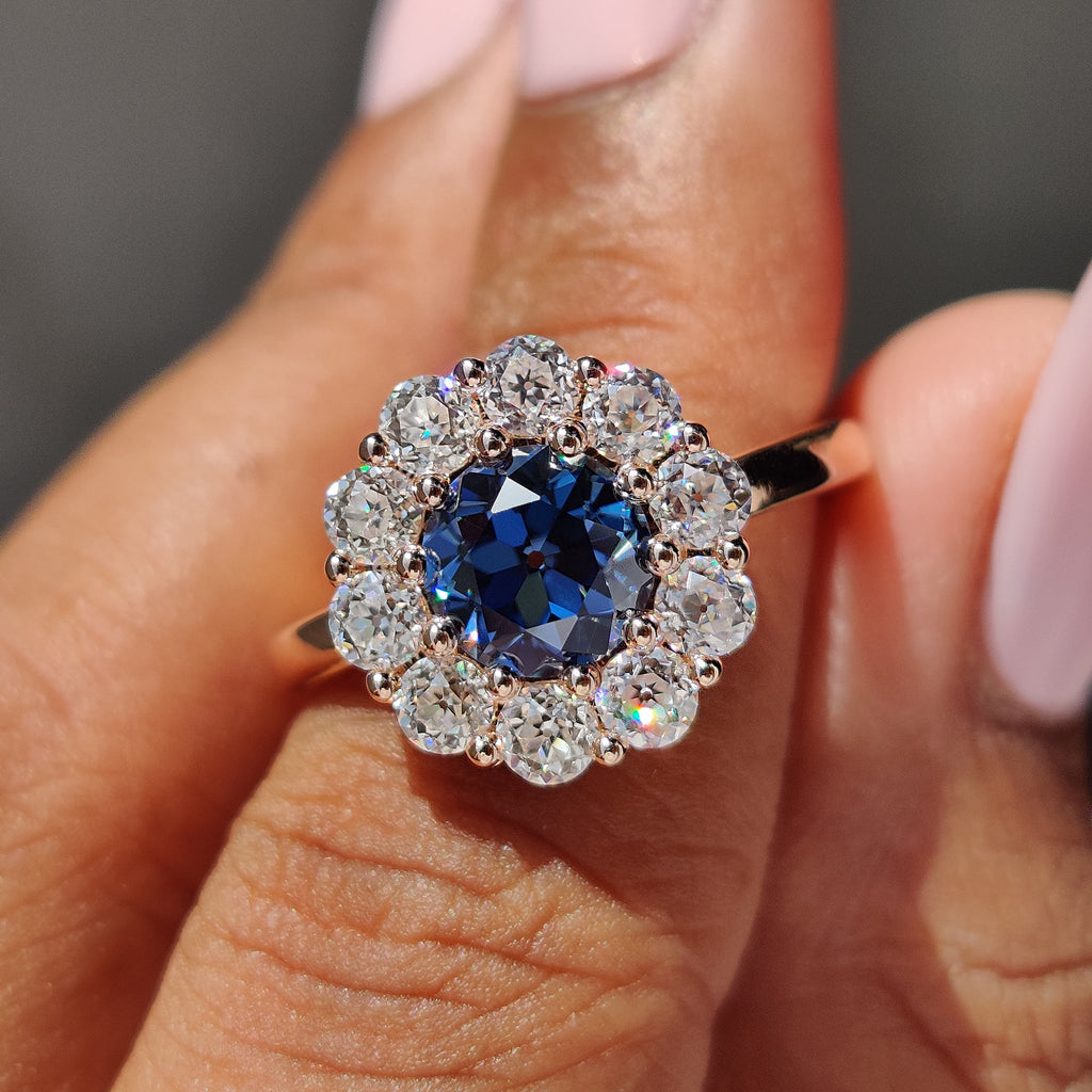 Blue Round Old European Cut Ring In Cluster Design