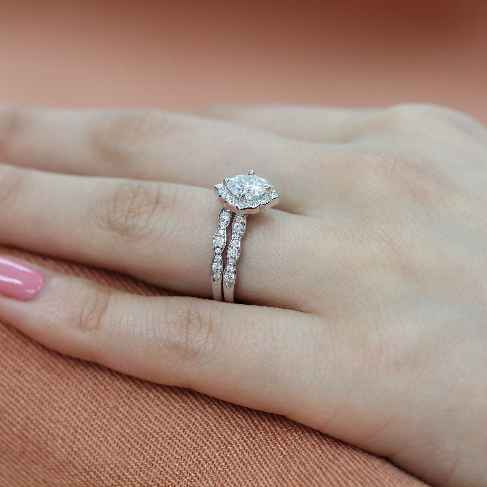 1.0 CT Cushion Cut Moissanite Halo Bridal Ring Set