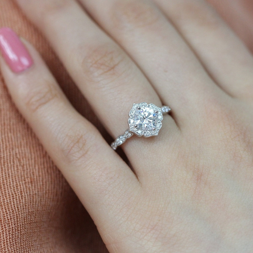 1.0 CT Cushion Cut Vintage Halo Style Moissanite Engagement Ring