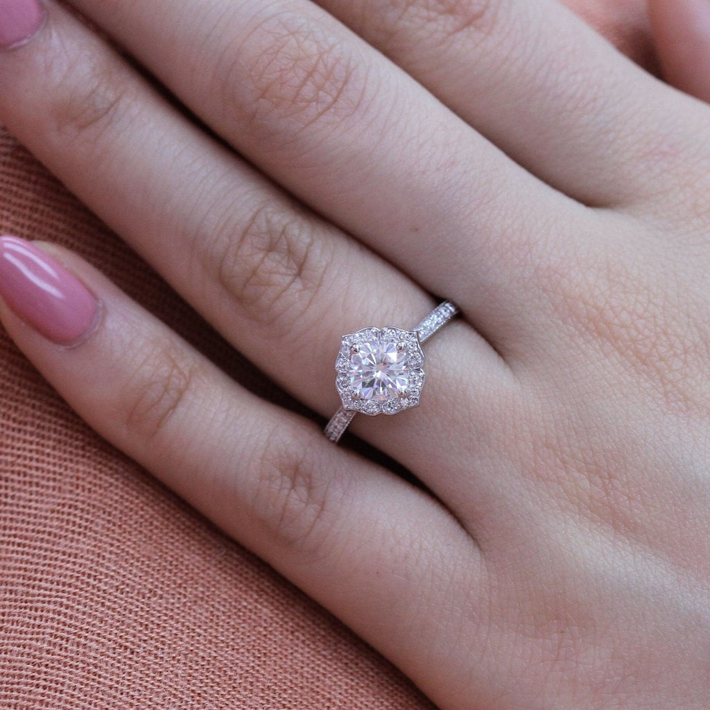 1.0 CT Cushion Cut Vintage Halo Style Moissanite Engagement Ring