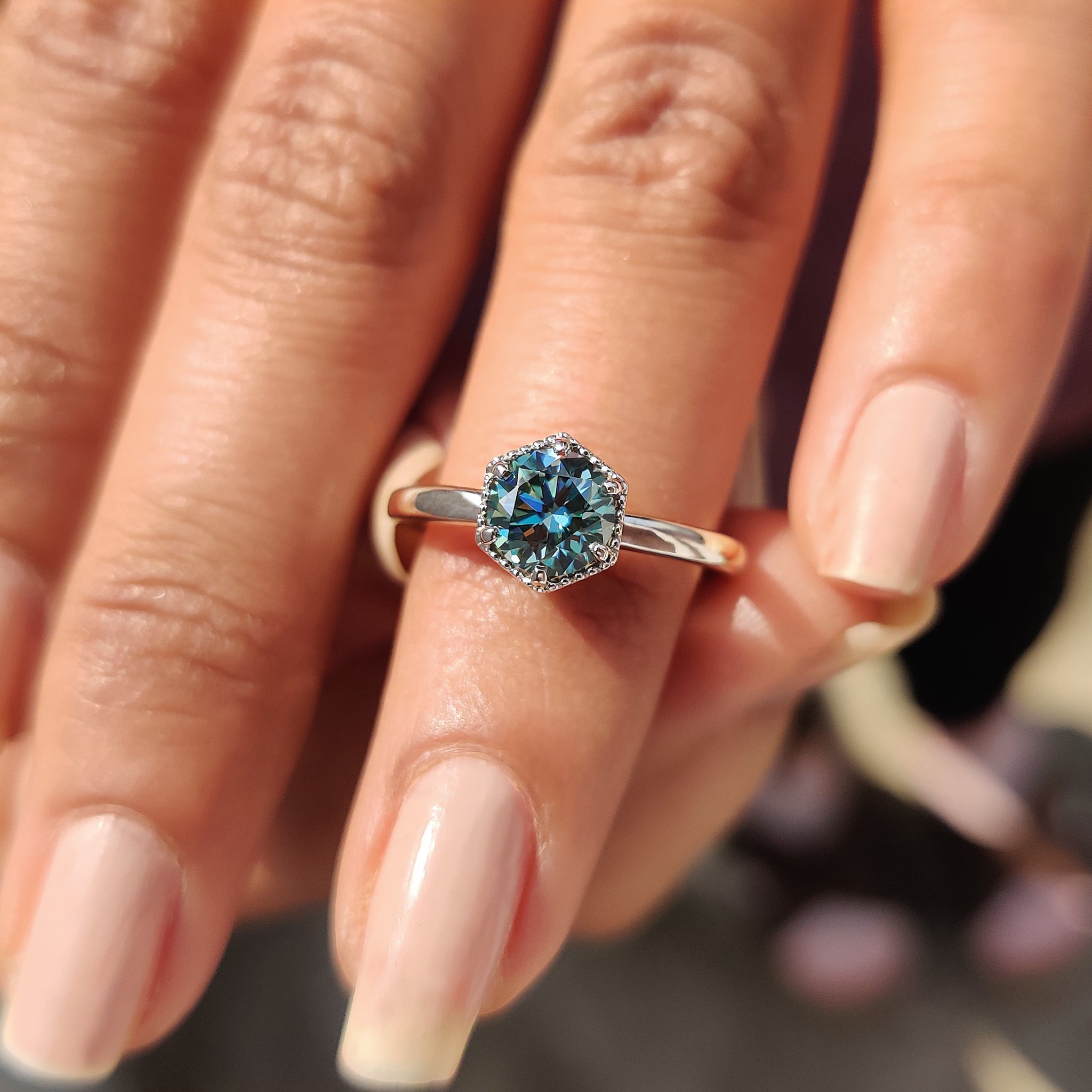Solitaire Round Engagement Ring In Hexagon Framed Secondary image