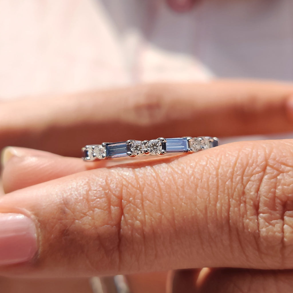 Blue Moissanite Baguette Cut Half Eternity Band