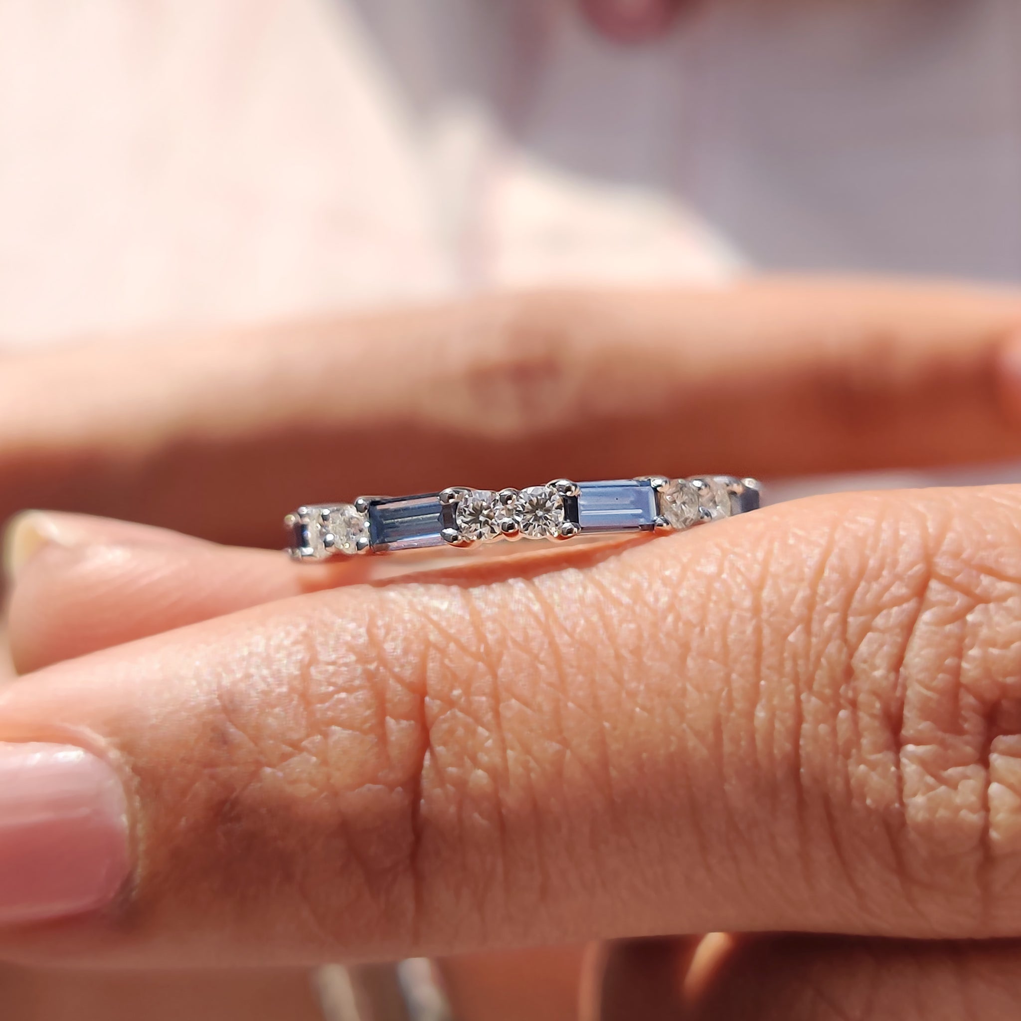 Blue Moissanite Baguette Cut Half Eternity Band