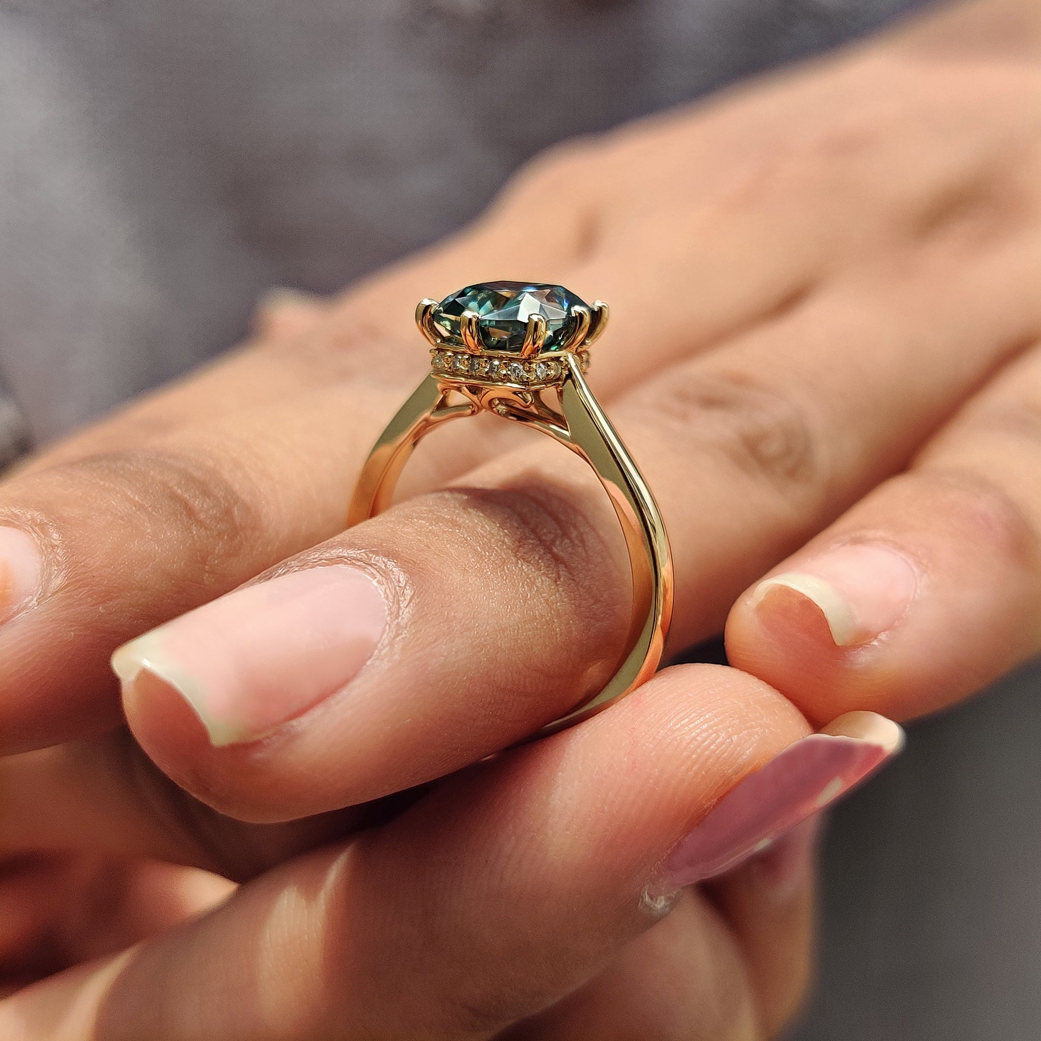 Cushion Cut Engagement Ring with hidden halo setting