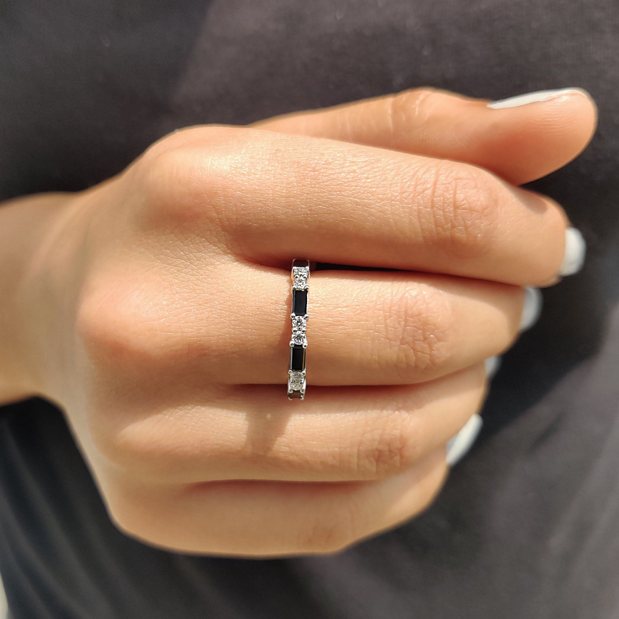 Black Baguette And Round Wedding Band In Eternity Style
