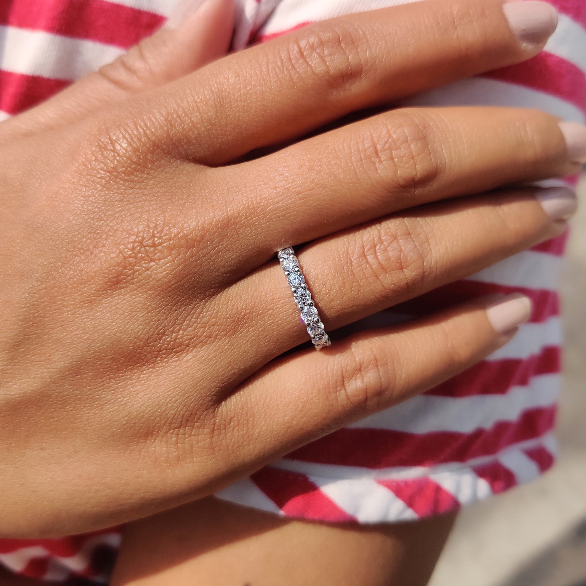 Round Cut White Gold Band With Shared Prong