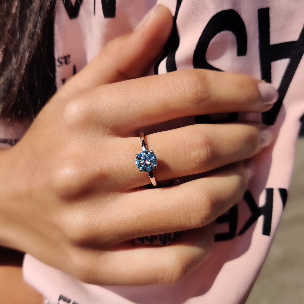 Moissanite Solitaire Ring In Cyan Blue Stone
