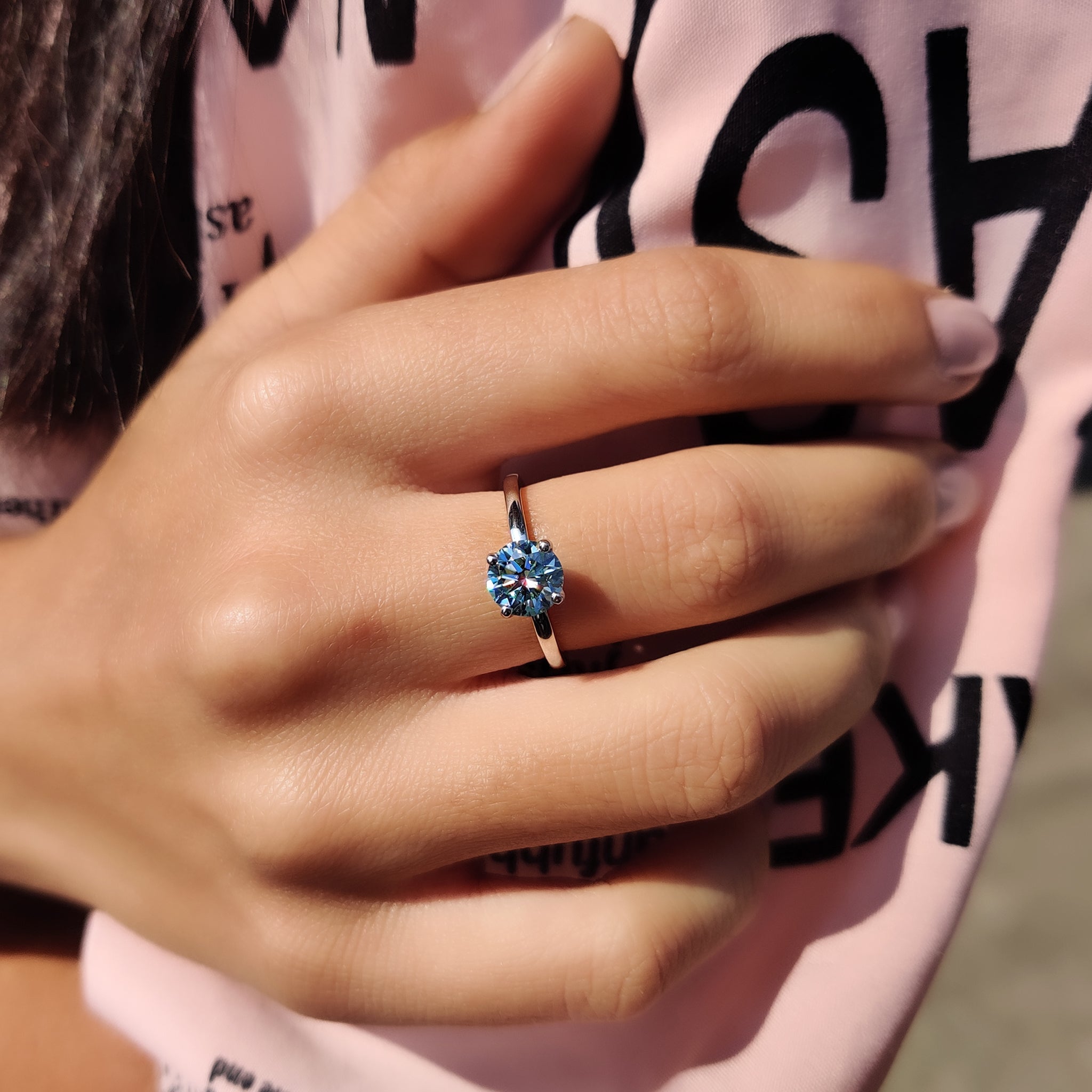 Moissanite Solitaire Ring In Cyan Blue Stone