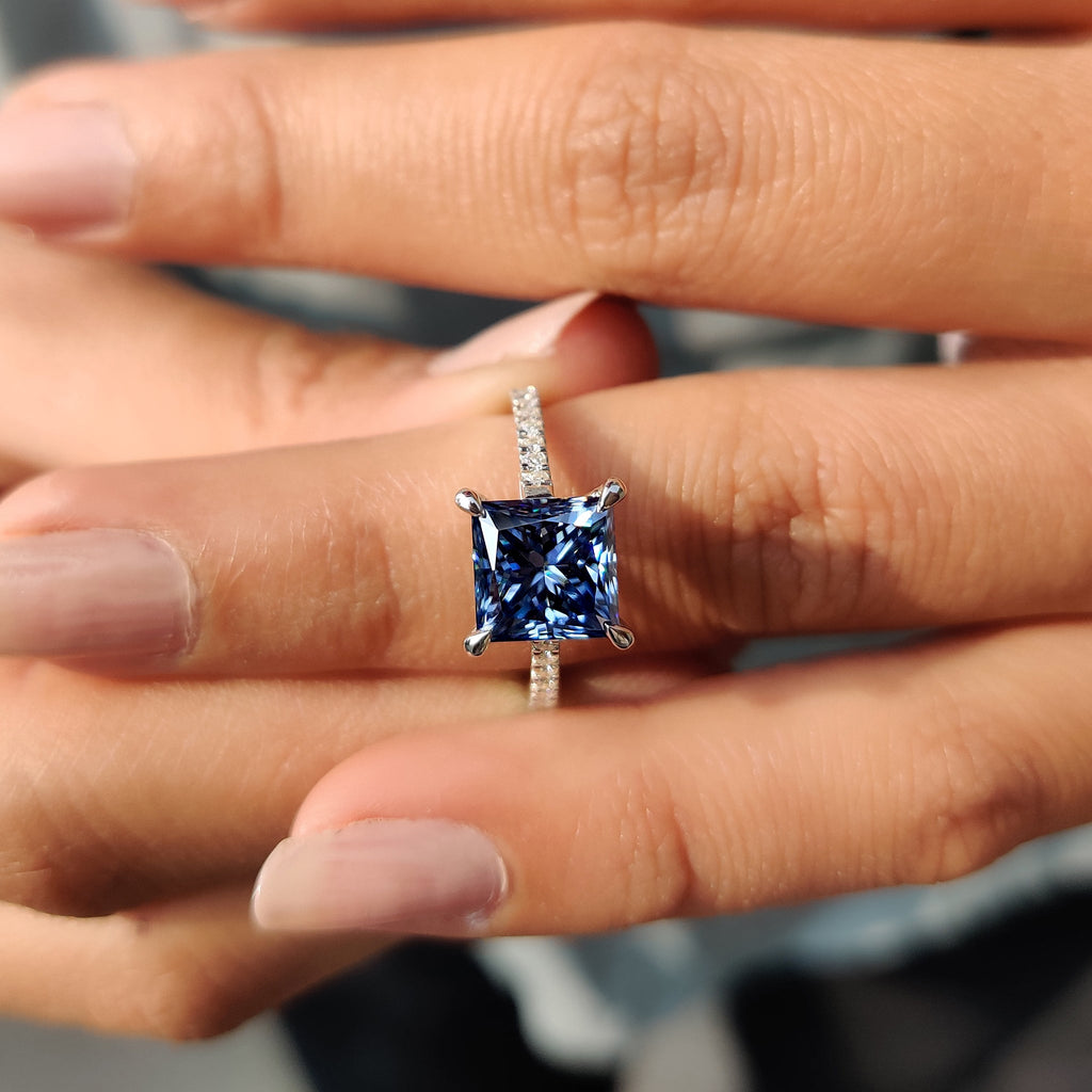 Royal Dark Blue Princess Cut Engagement Ring
