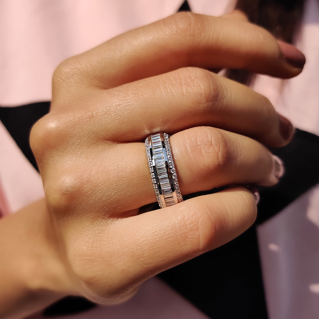 Baguette And Round Cut Wedding Band With Three Row Pave